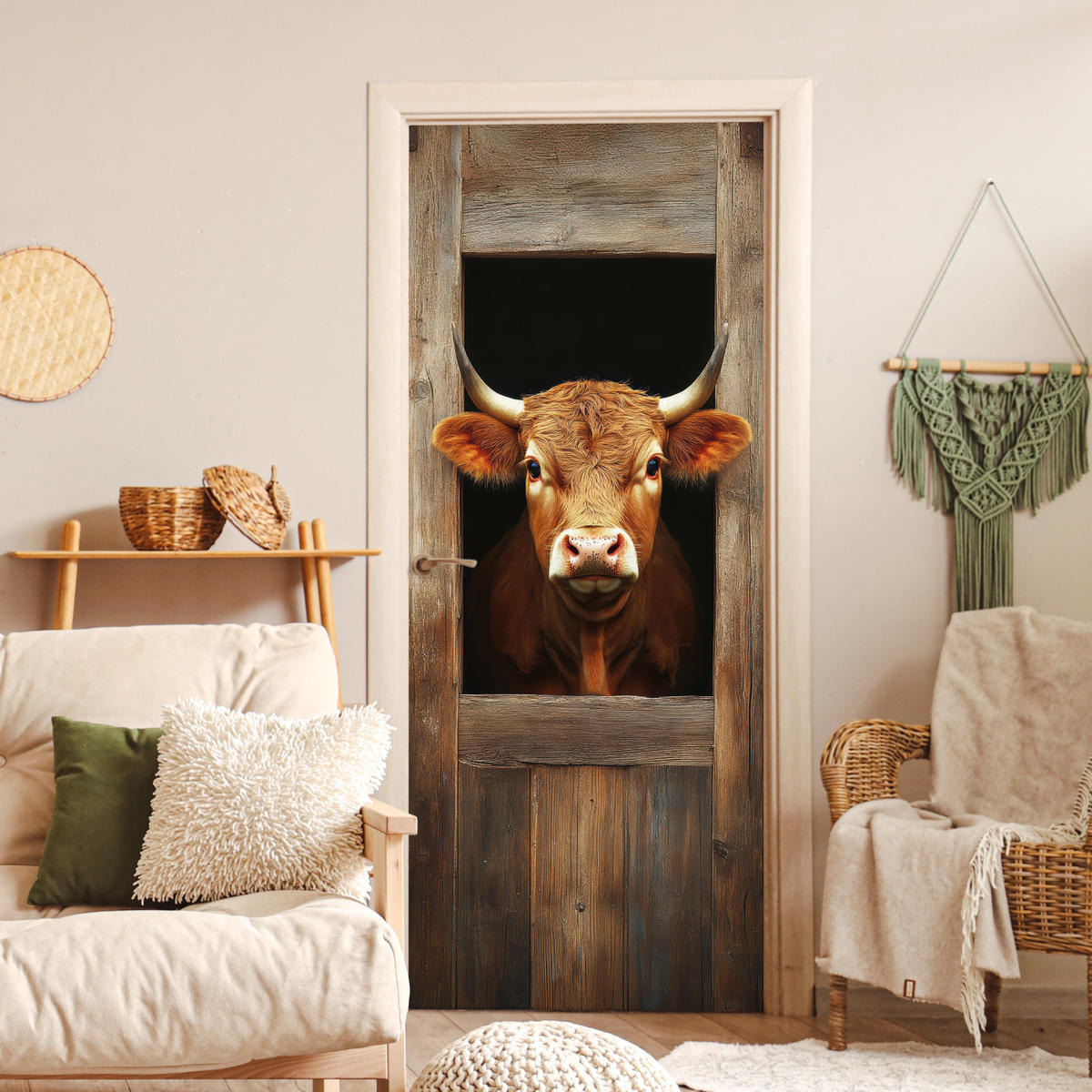 FOTOTAPETE Tür - Kuh - Fenster - Holz - Tiere 95x215 cm - Wengefarben, Kunststoff (95/0.1cm) - MuchoWow