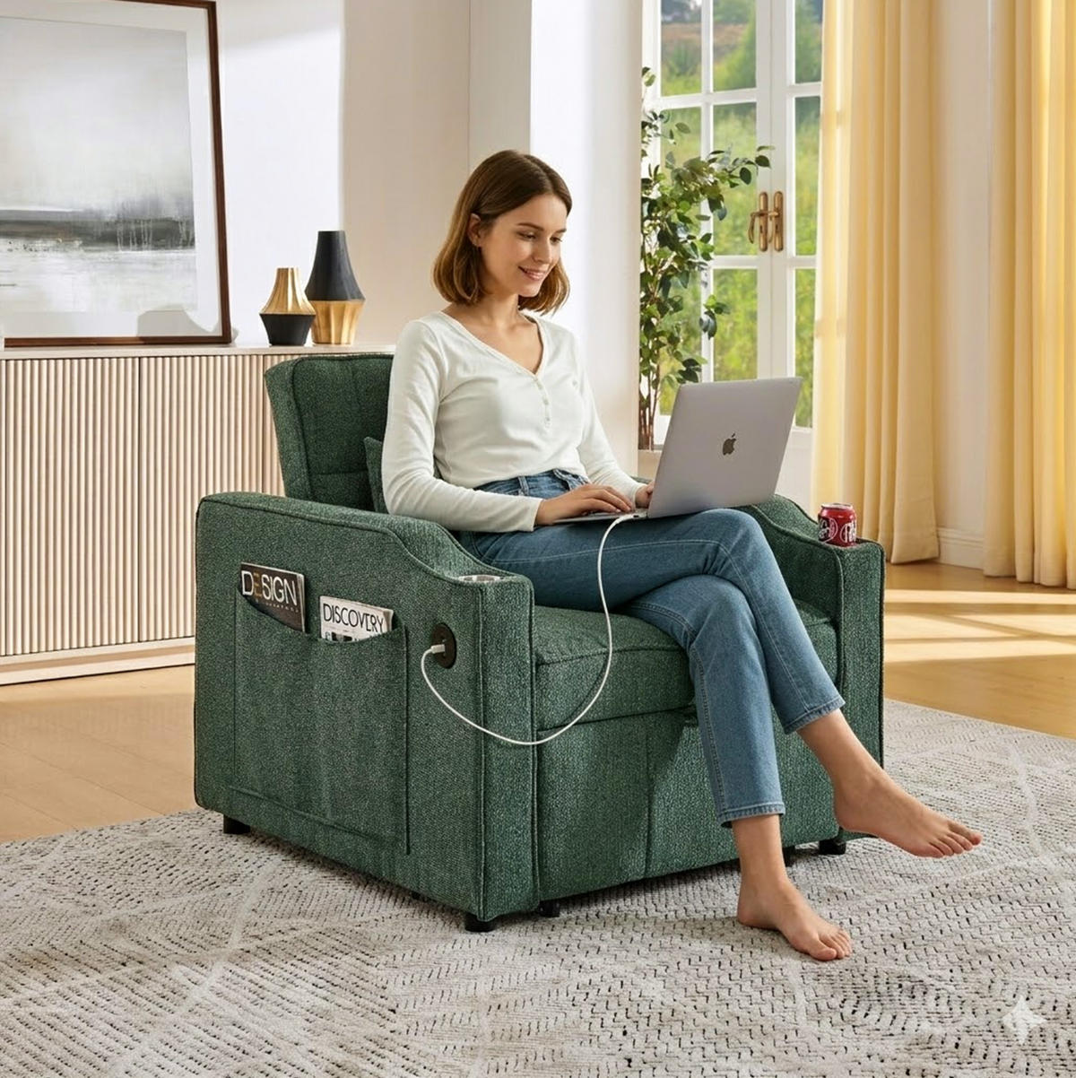 SCHLAFSESSEL 3-in-1 mit Liegefunktion 190 cm Stoff - Grün, Holz (85/86/190cm) - Meubliv