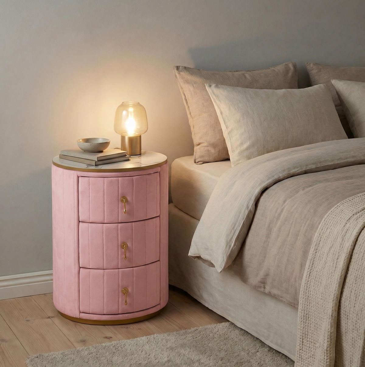 NACHTTISCH aus MDF 40x40x52,5 cm Rosé mit 3 Schubladen, Samtbezug und Marmoroptik - Rosa, Holzwerkstoff (40/52.5/40cm) - Modfu