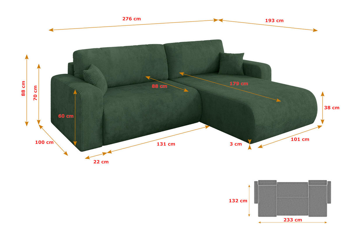 ROHOVÁ SEDAČKA s funkcí spaní, otoman vpravo BERY-L 276x193x88 zelená manšestr - černá/tmavě zelená, kompozitní dřevo/textil (276/193cm) - ALTDECOR