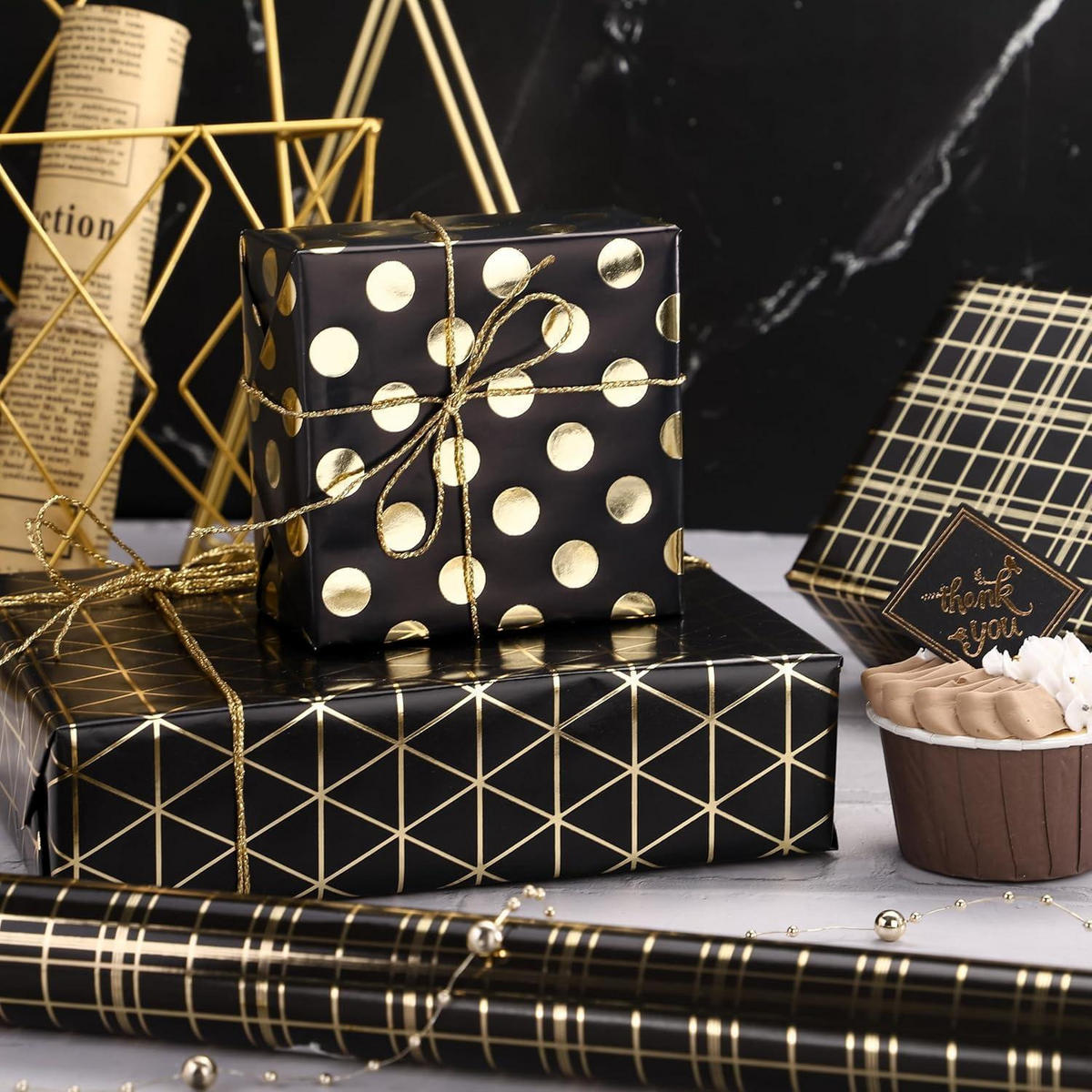 GESCHENKPAPIER 3 Rollen Metallic-Schwarz-Gold-Design 43,2 cm x 3,05 m - Multicolor, Papier (10/4/44cm)