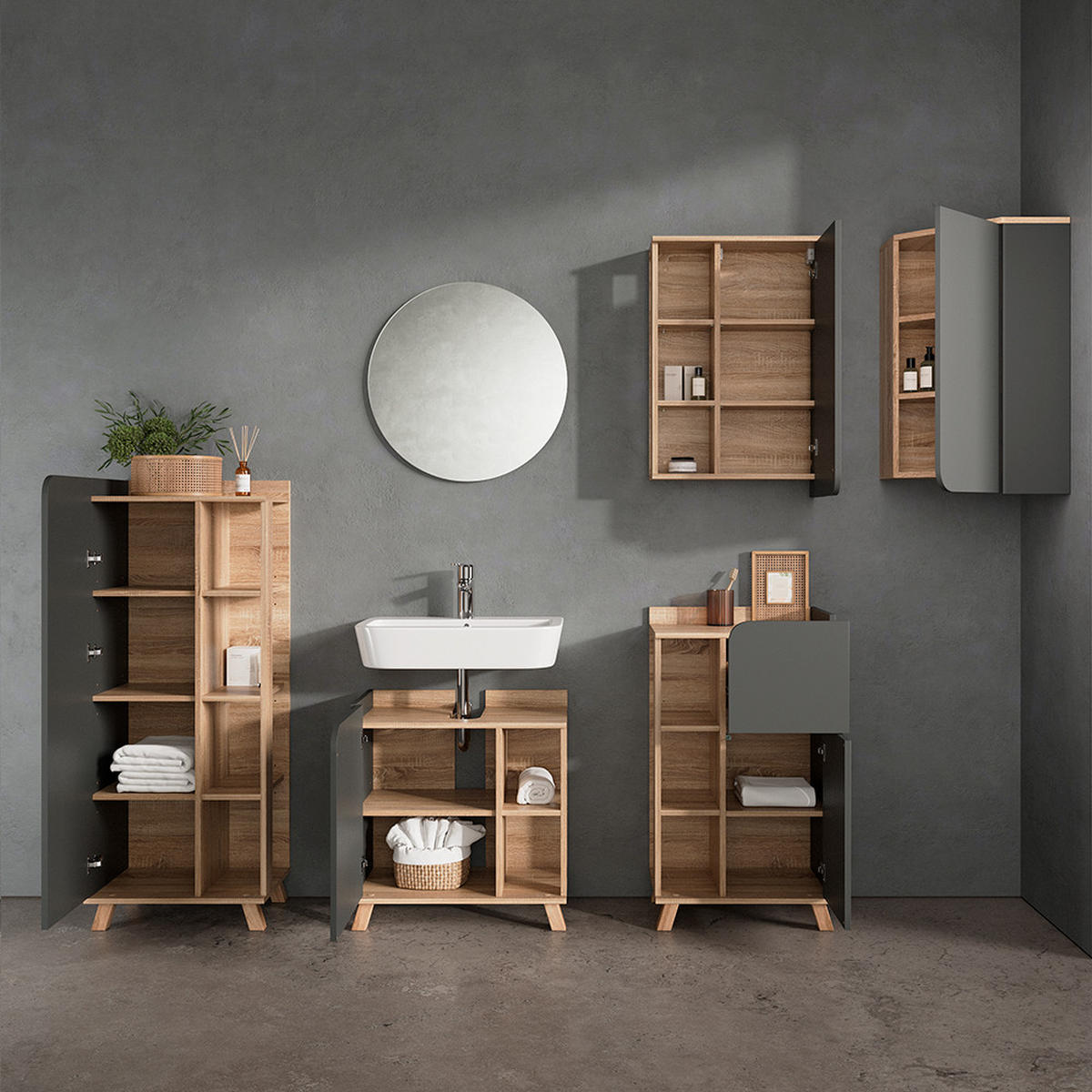 BADSCHRANK Marano Anthrazit 42.4 x 75 cm mit Tür und offenen Fächern - Anthrazit/Sonoma Eiche, Holzwerkstoff (42.4/75/42.4cm) - Livinity®