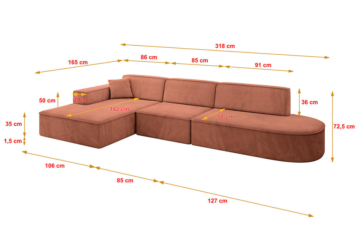 ECKSOFA Ottomane Links IREA-L2-v4 - 318x165x72,5 cm Apricot - Koralle, Holzwerkstoff/Textil (318/165cm) - ALTDECOR