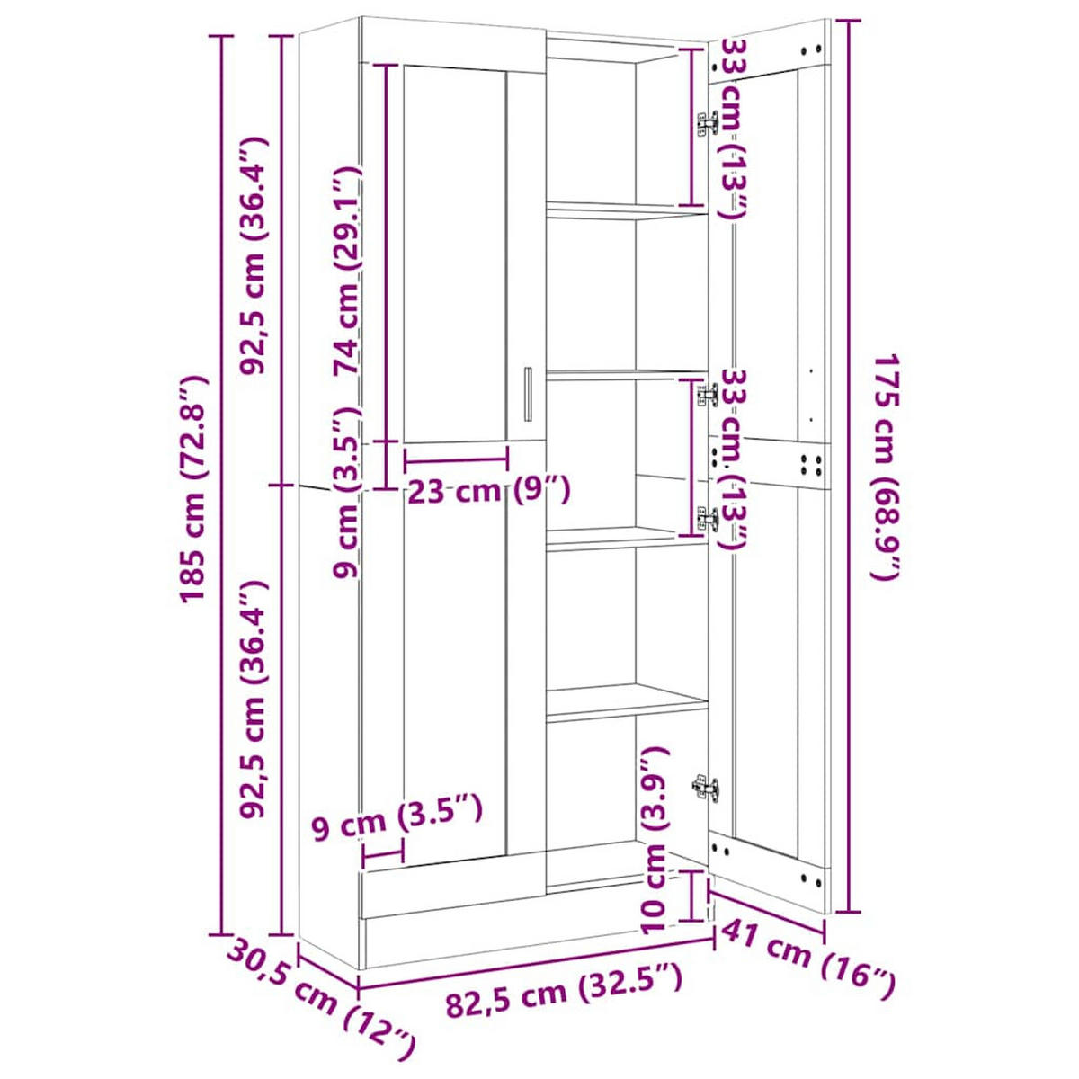 VITRINENSCHRANK mit 5 Fächern, 2 Glastüren 82,5/30,5/185 cm aus Holzwerkstoff Sonoma-Eiche Dekor - Sonoma Eiche, Holz (82.5/185/30.5cm) - vidaXL
