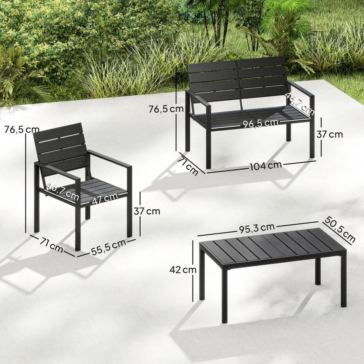 GARTENMÖBEL,2ER Sofa+2 Sessel+Beistelltisch,schwarz - Schwarz, Metall - Vallsero