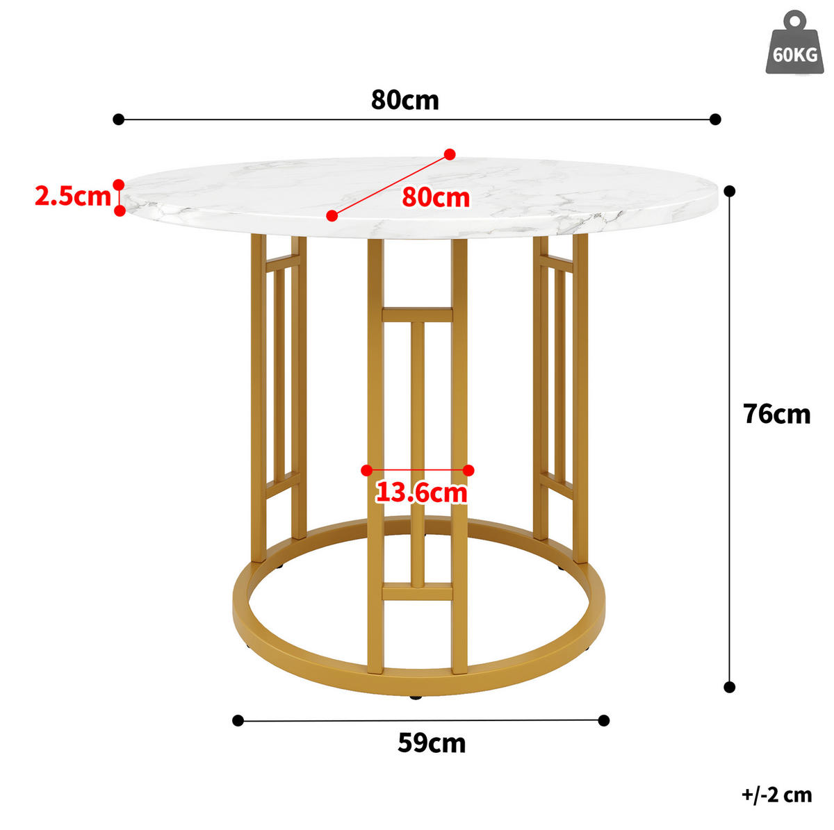 ESSTISCH rund, MDF mit Marmoroptik & Metallgestell, 80/80/76 cm, Weiß - Weiß, Holzwerkstoff (80/80/76cm) - Redom