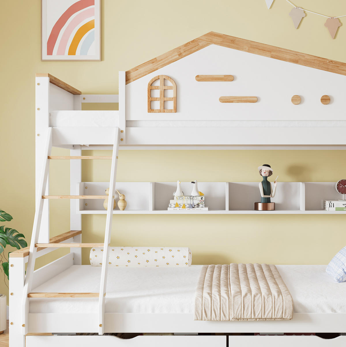 HAUSBETT 90/200 & 140/200 cm mit Regal und 2 Schubladen in Weiß/Natur - Weiß, Holzwerkstoff (90/200cm) - BEAOK