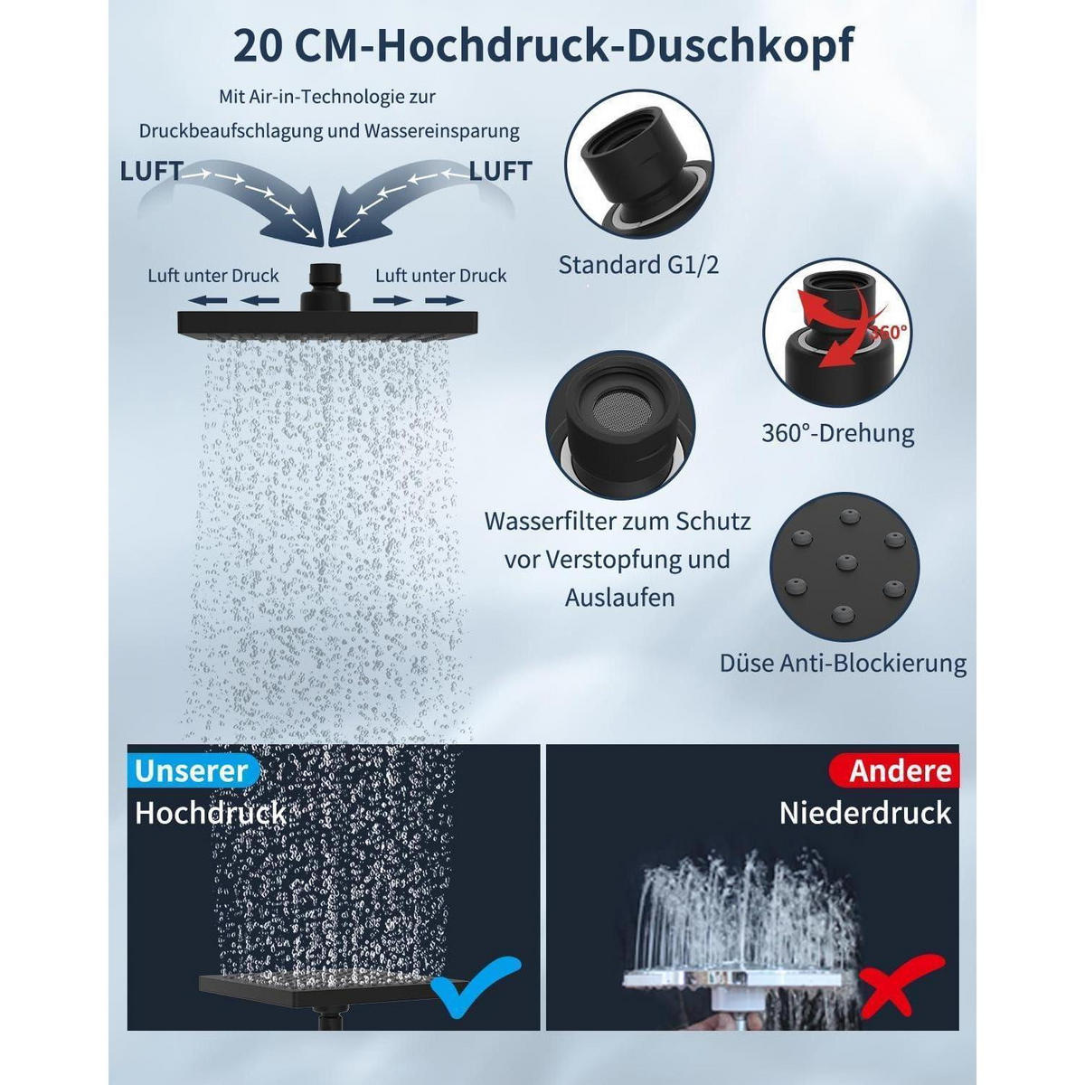 REGENBRAUSE Duschkopf 20 cm Schwarz - Schwarz, Metall (20/12.7/12.7cm)