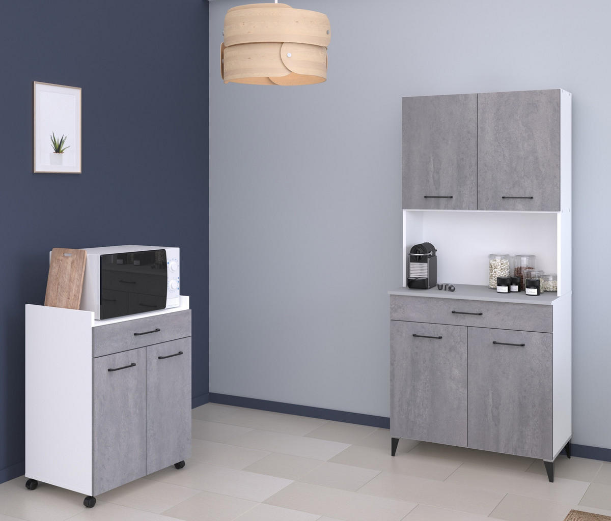 KÜCHENMÖBEL Malice 1 in Weiß und Beton 2teilig Küchenbuffet und Beistellschrank - Weiß, Holzwerkstoff (80/200/120cm)