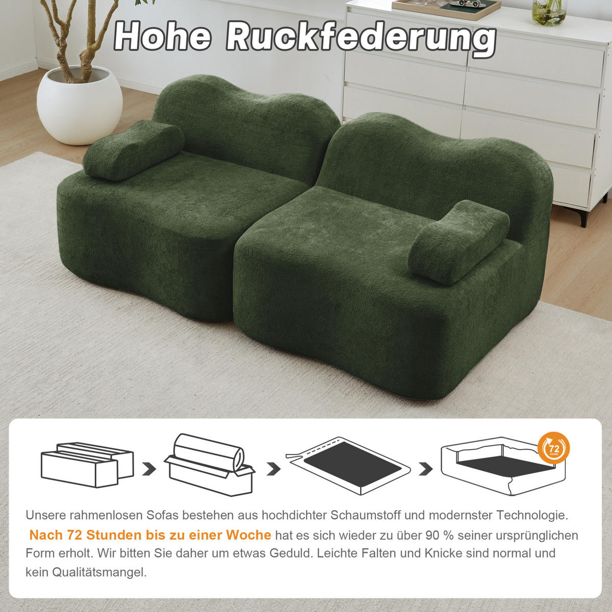 SOFA 192/98/70 cm in Grün aus Samt, modular und ohne Aufbau - Grün, Textil (98/70/192cm) - Flora Grace