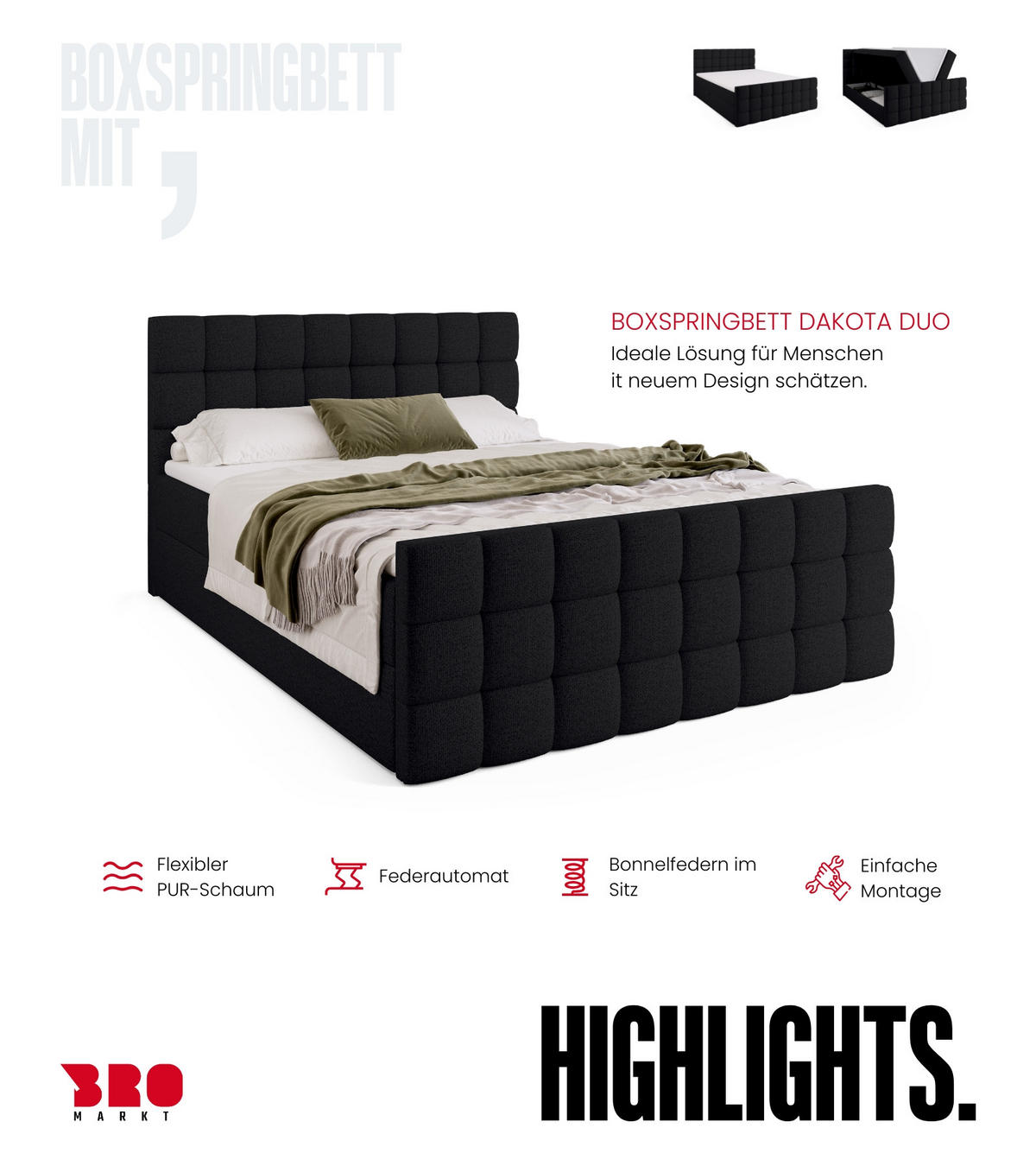 BOXBETT Dakota Duo mit Topper 160/200 Schwarz - Schwarz, Holz/Textil (160/200cm) - Bromarkt