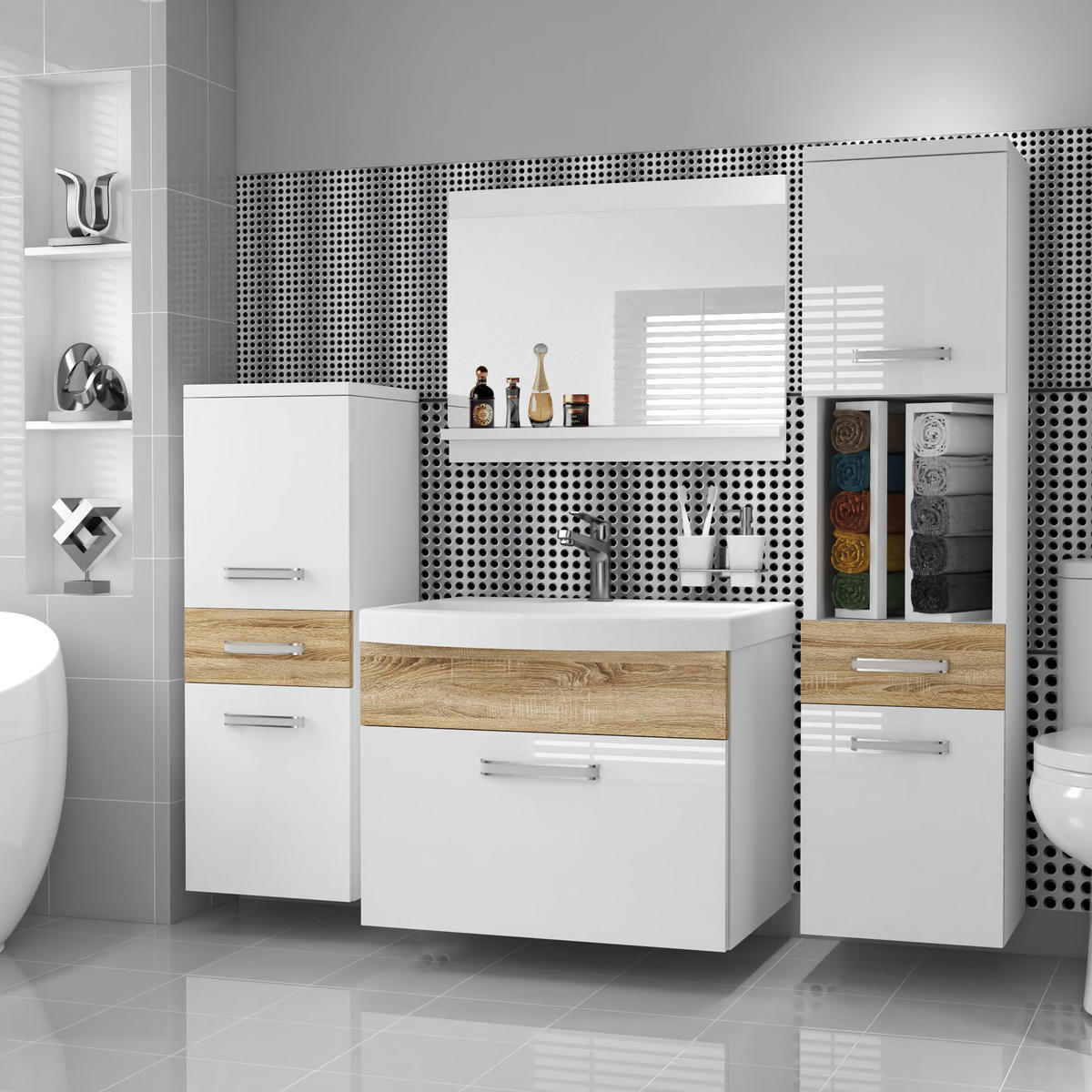 BADMÖBEL Badezimmer SET PRI PM5, Weiß/Sonoma Eiche Hochglanz, 120 cm - Weiß/Sonoma Eiche, Holz (38.7/113.5/120cm) - B BELINI GROUP