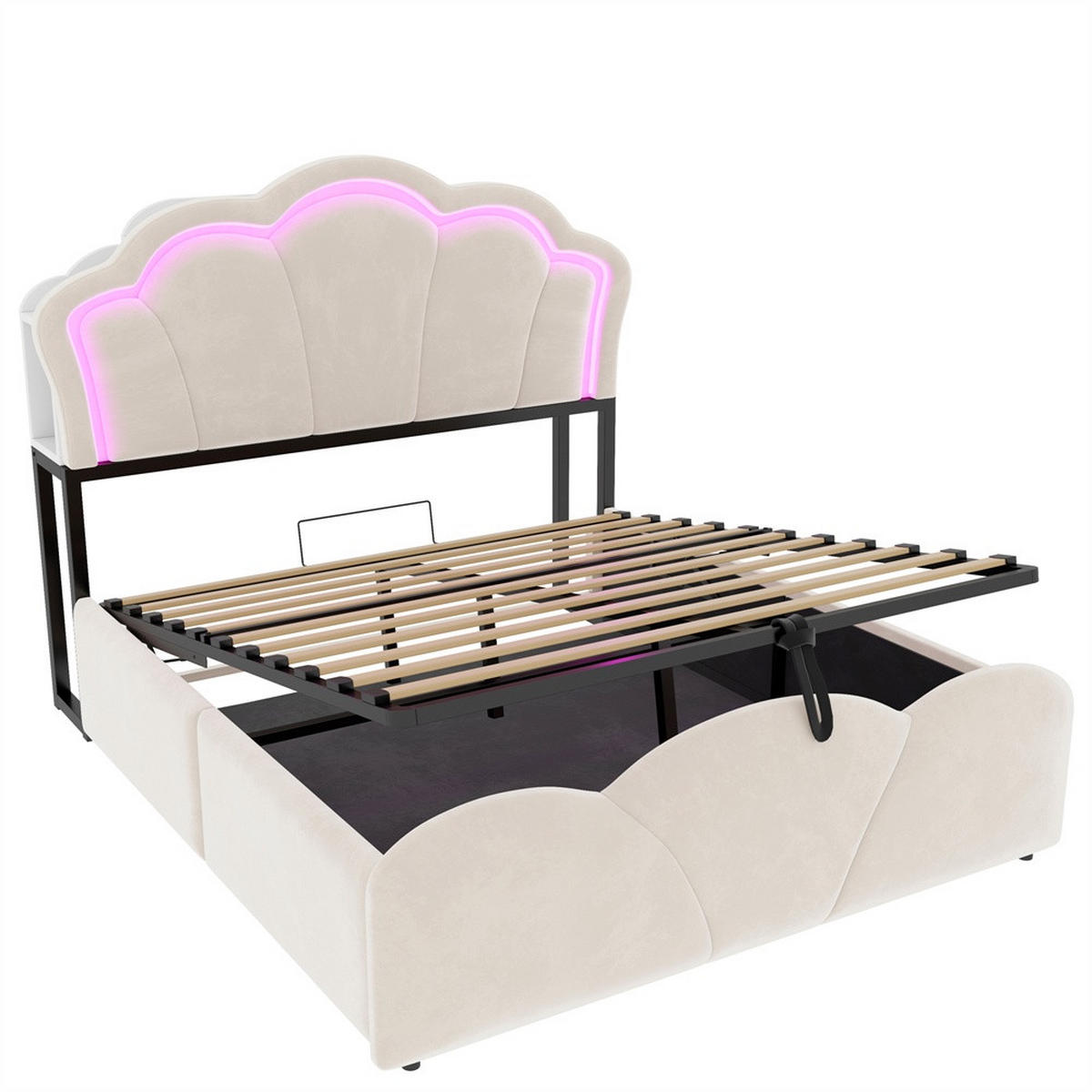 POLSTERBETT 140x200 cm mit hydraulischem Stauraum - LED Beleuchtung & Ladeanschluss - Beige - ohne Matratze - Beige, Textil (140/200cm) - DELFA