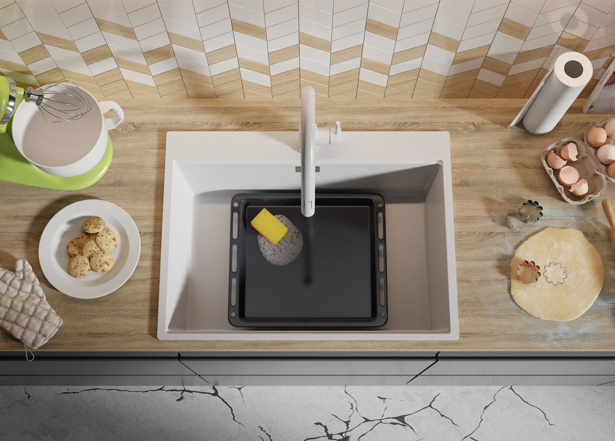 SPÜLBECKEN Oslo, 2-er set Weiß 68/50 cm 1 Becken + Ablauf-Set + Schneidebrett ab 70er Unterschrank - Chromfarben/Beige, Kunststoff (68/20/50cm) - Primagran