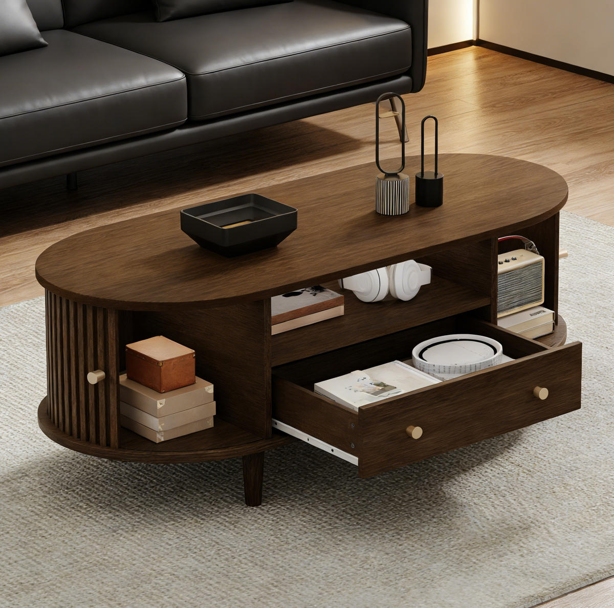 COUCHTISCH 100/50/36 cm mit Schublade, offener Ablage und Rolltür aus MDF, Walnuss - Nussbaumfarben, Holzwerkstoff (100/50/36cm) - Redom