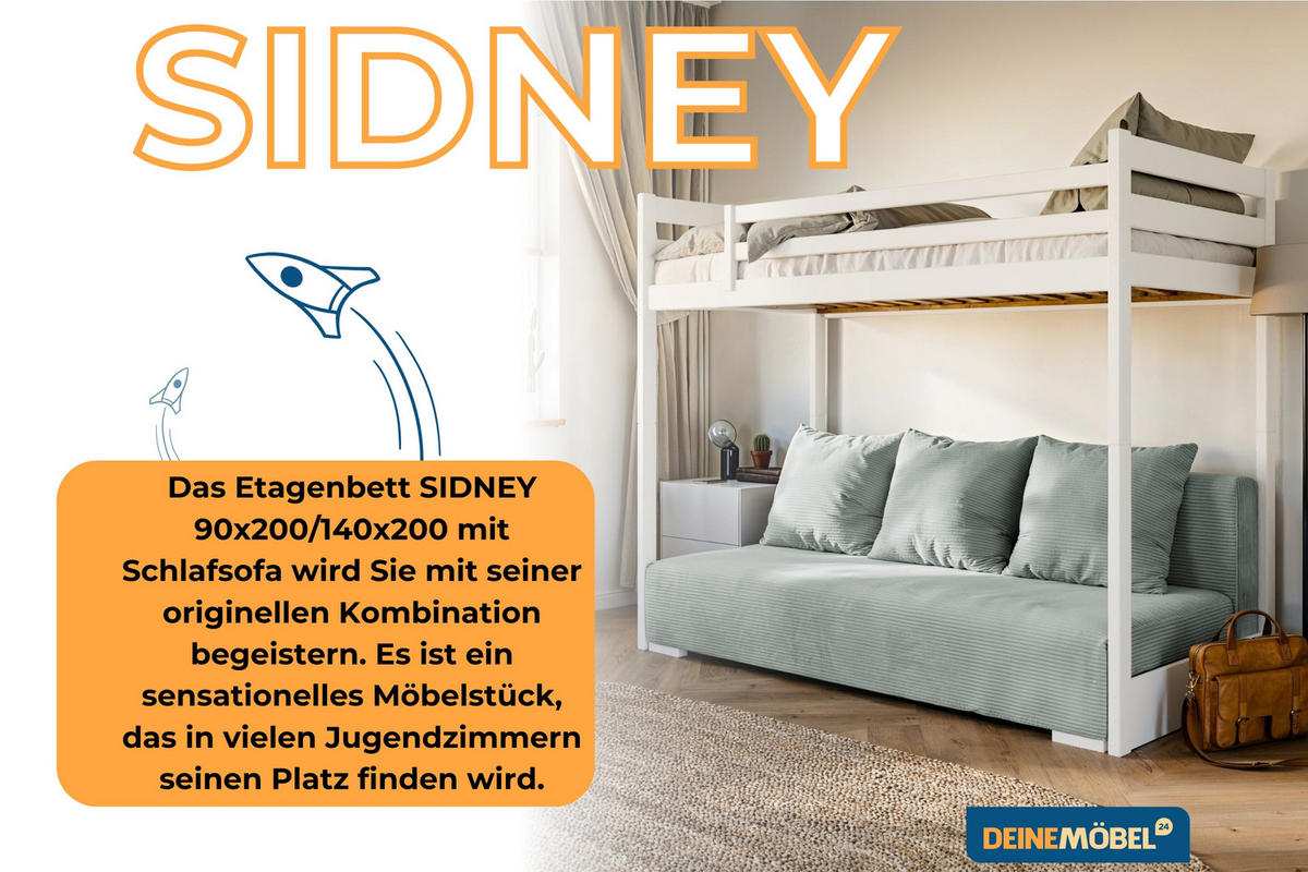 ETAGENBETT SIDNEY 90x200 in Weiß / Salbei - Salbeigrün/Weiß, Holz/Holzwerkstoff (90/200cm) - Deine Möbel 24