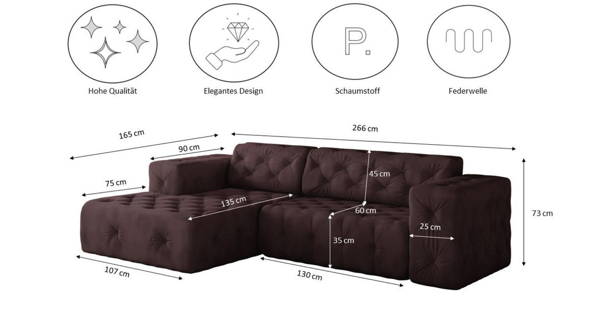 ECKSOFA L-Form Gesteppt LUX Stoff Whisper Links Rotwein - Dunkelrot, Holz/Kunststoff (165/266cm) - Kaiser Möbel