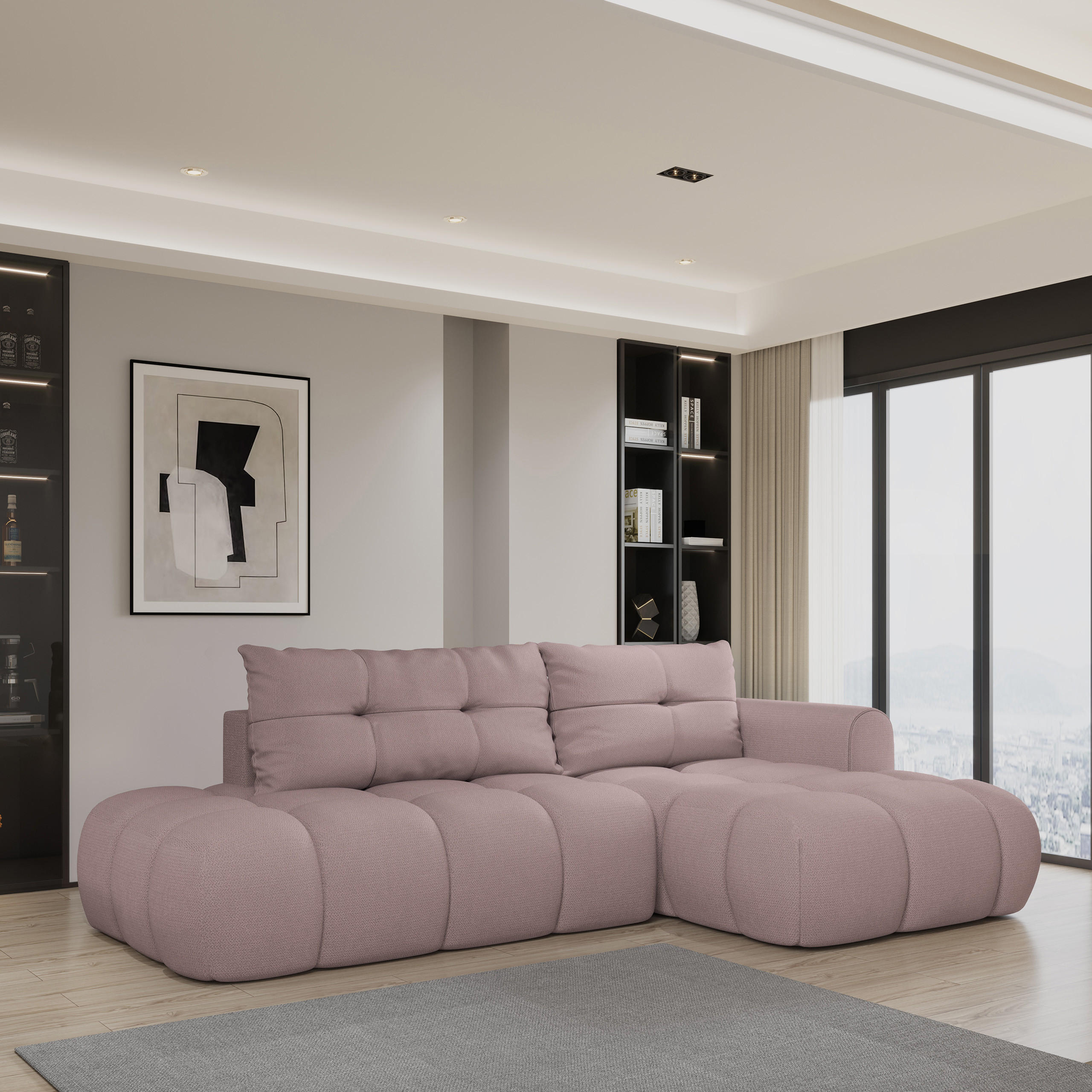 ECKSOFA FLUMA R-S Rosa Geflochtener Stoff mit Schlaffunktion - Rosa, Holz (274/165cm) - MASSENO