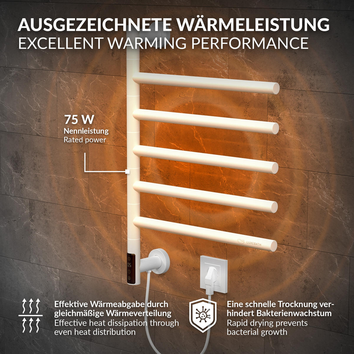 HANDTUCHWÄRMER Elektrisch Weiß 75W 450x622 mm 180° drehbar - Weiß, Metall (45/62.2/3cm) - LuxeBath