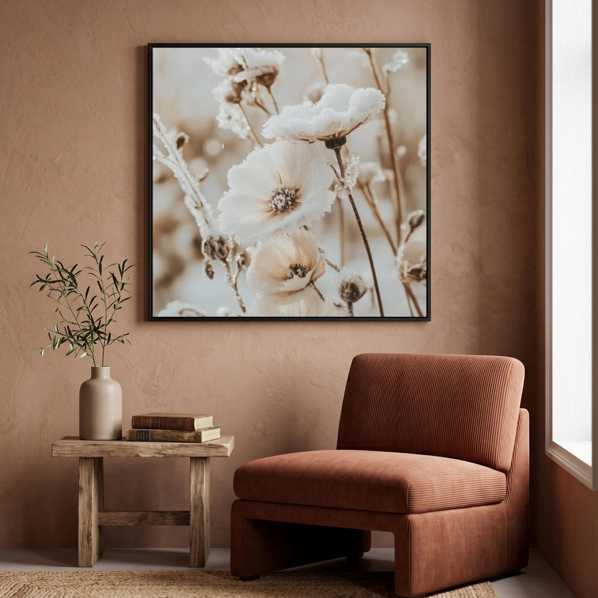 LEINWAND Bilder mit Rahmen - Blumen - Winter - Weiß - Schnee - Beige - 90x90 - Creme, Textil (90/90cm) - MuchoWow