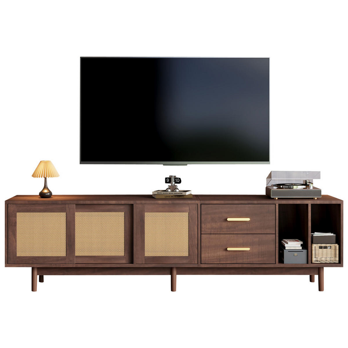TV-SCHRANK 190x40cm Lowboard braun Rattan 6 Stützbeine bis 75 Zoll - Braun, Holz (48.5/13.5/122.2cm) - FLIEKS