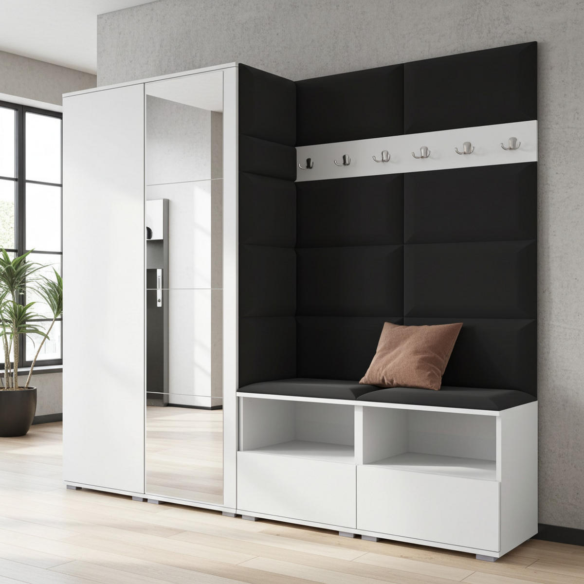 GARDEROBE NELA VI 200 cm (Kompaktgarderobe Weiß mit Spiegel & Sitzpolster Schwarz 16 Schrank & Paneel) - Silberfarben/Schwarz, Holz/Holzwerkstoff (200/187/40cm) - Ravio