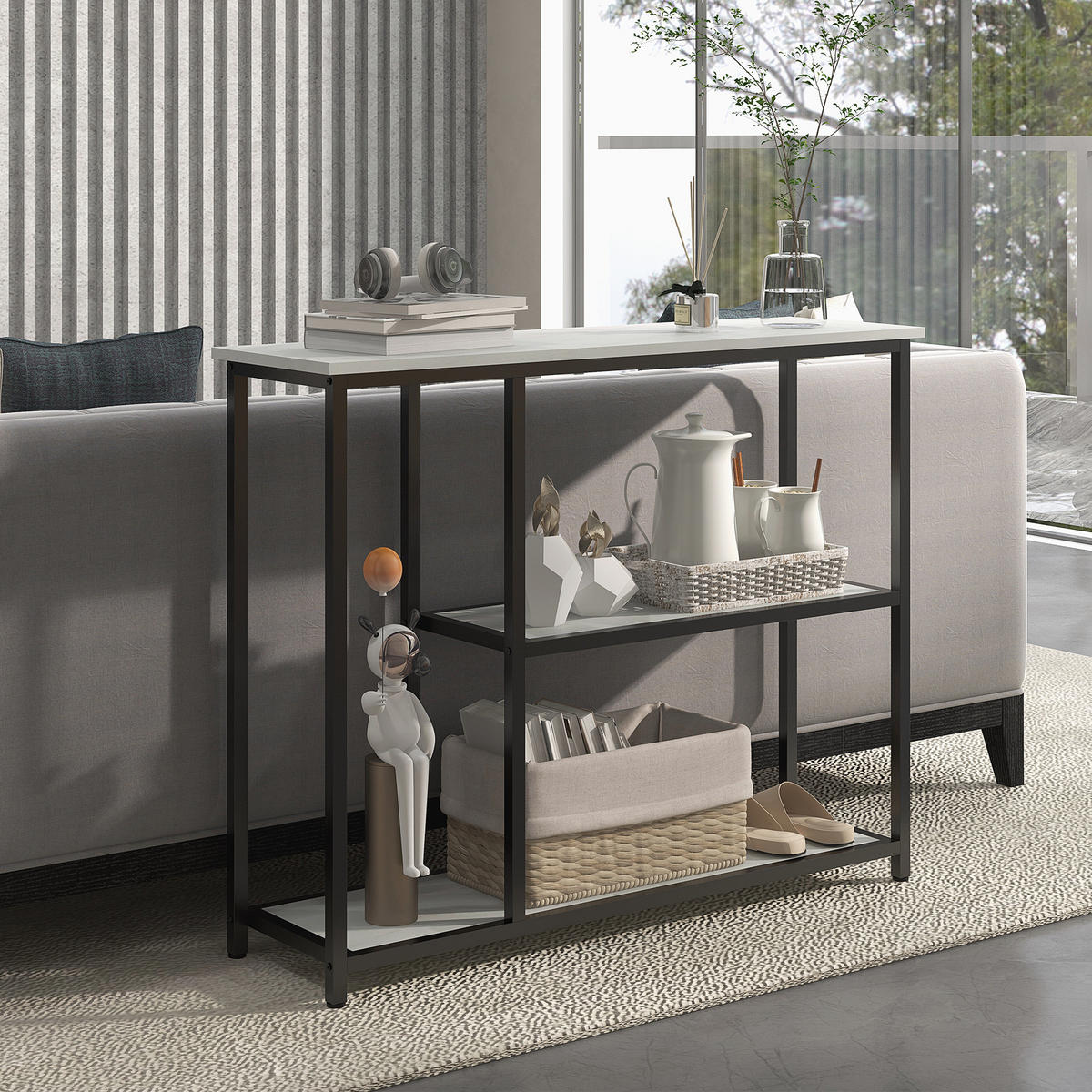 KONSOLENTISCH 2 Regale, 100L x 30B x 80H cm - Weiß, Holzwerkstoff/Metall (100/30/80cm) - HOMCOM