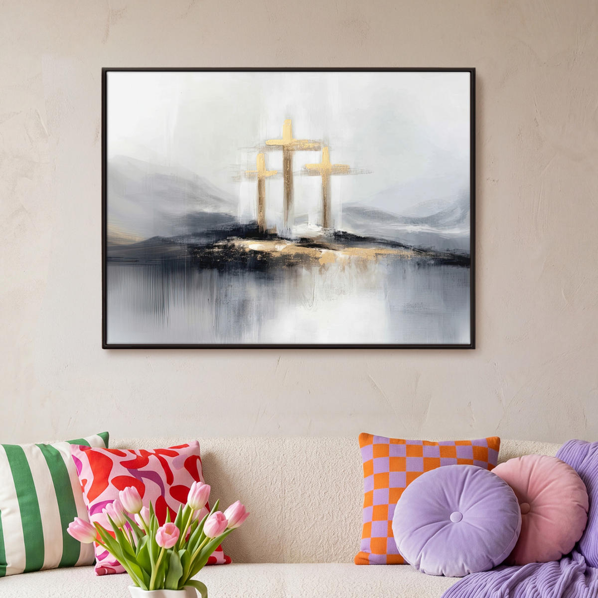 LEINWAND Bilder mit Rahmen - Abstrakt - Malerei - Christentum - Kreuz - 100x70 - Weiß, Textil (100/70cm) - MuchoWow