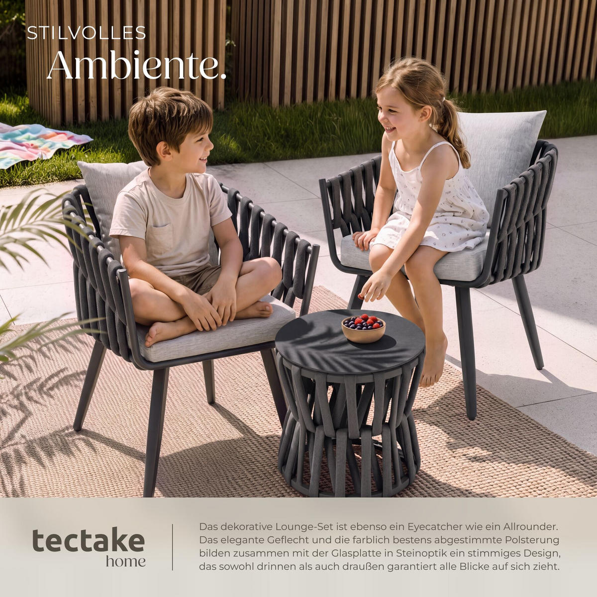GARTENLOUNGE-SET aus Aluminium Lugano, höhenverstellbare Kunststofffüße, Sicherheitsglasplatte, anthrazit/grau - Anthrazit/Grau, Kunststoff - tectake