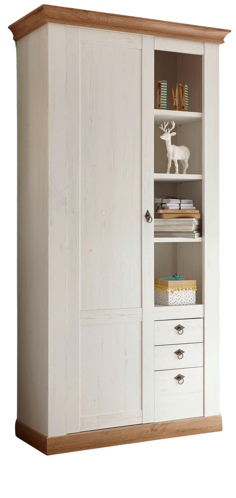 STAURAUMSCHRANK weiß Pinie, Eiche Wotan, Landhaus Mehrzweckschrank 102 x 204 cm - Eichefarben/Silberfarben, Holzwerkstoff/Metall (102/204/44cm) - Furn.Design