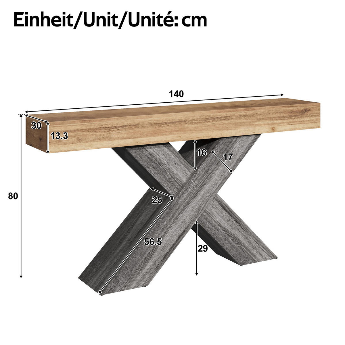 KONSOLENTISCH X Beine Holzoptik schmal - Naturfarben, Holzwerkstoff (30/140/80cm) - Fortuna Lai