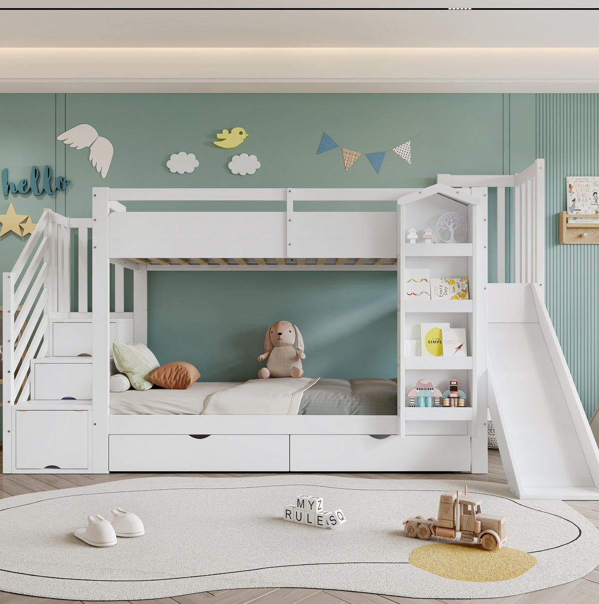 POSCHODOVÁ posteľ 90/200 cm biela so šmykľavkou, schodmi s úložným priestorom a zásuvkami z borovice a MDF - biela, drevo (90/200cm) - OKWISH