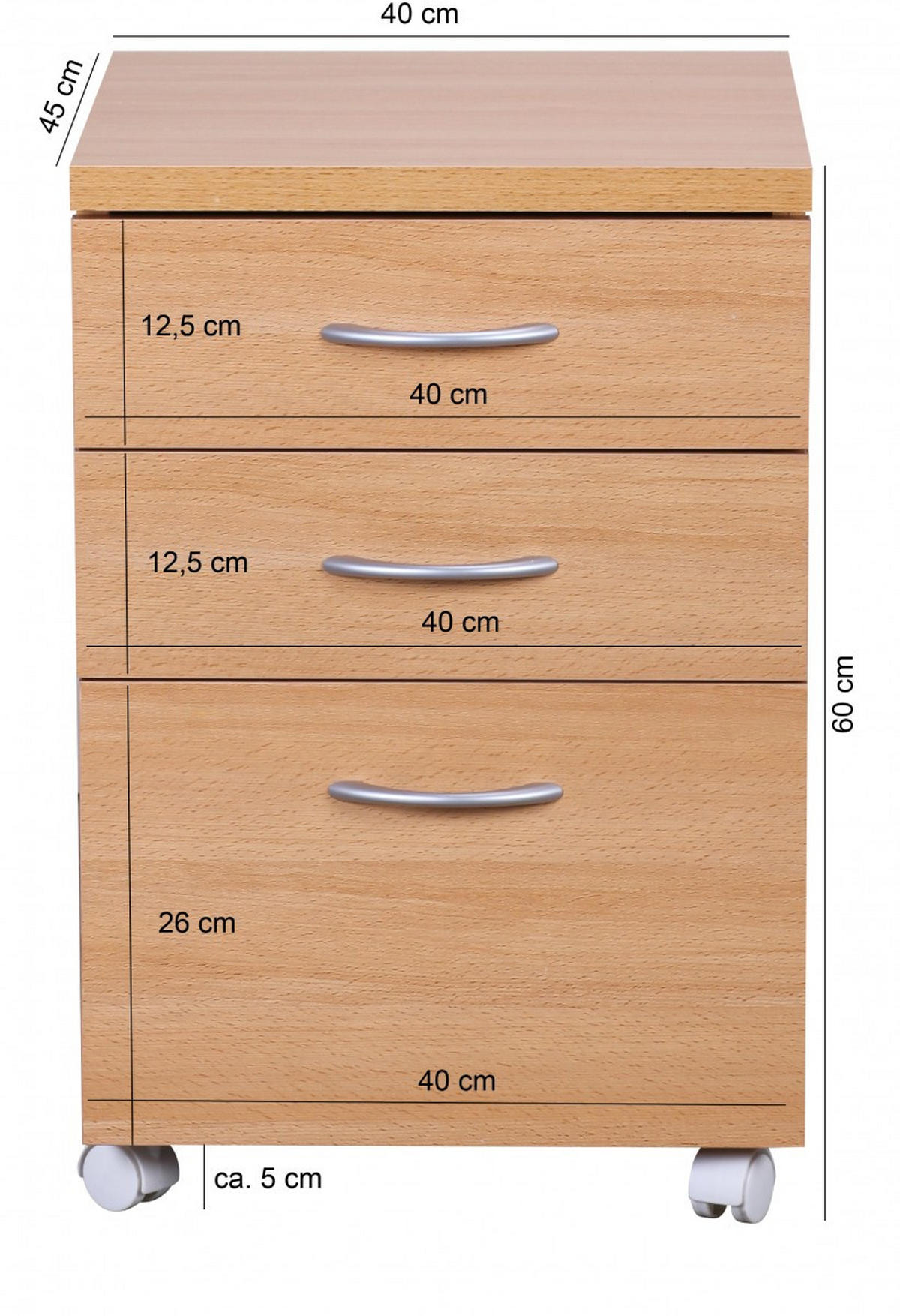ROLLCONTAINER – Buche, 60 cm hoch, 3 Schubladen, Aluminiumgriffe, Rollen - Braun/Weiß, Holz/Kunststoff (45/60/40cm) - KADIMA DESIGN