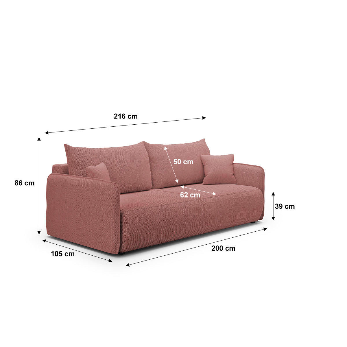 SOFA Claudio 3 Sitzplätze Rose - Rosa, Holz (216/86/105cm) - Petits-meubles