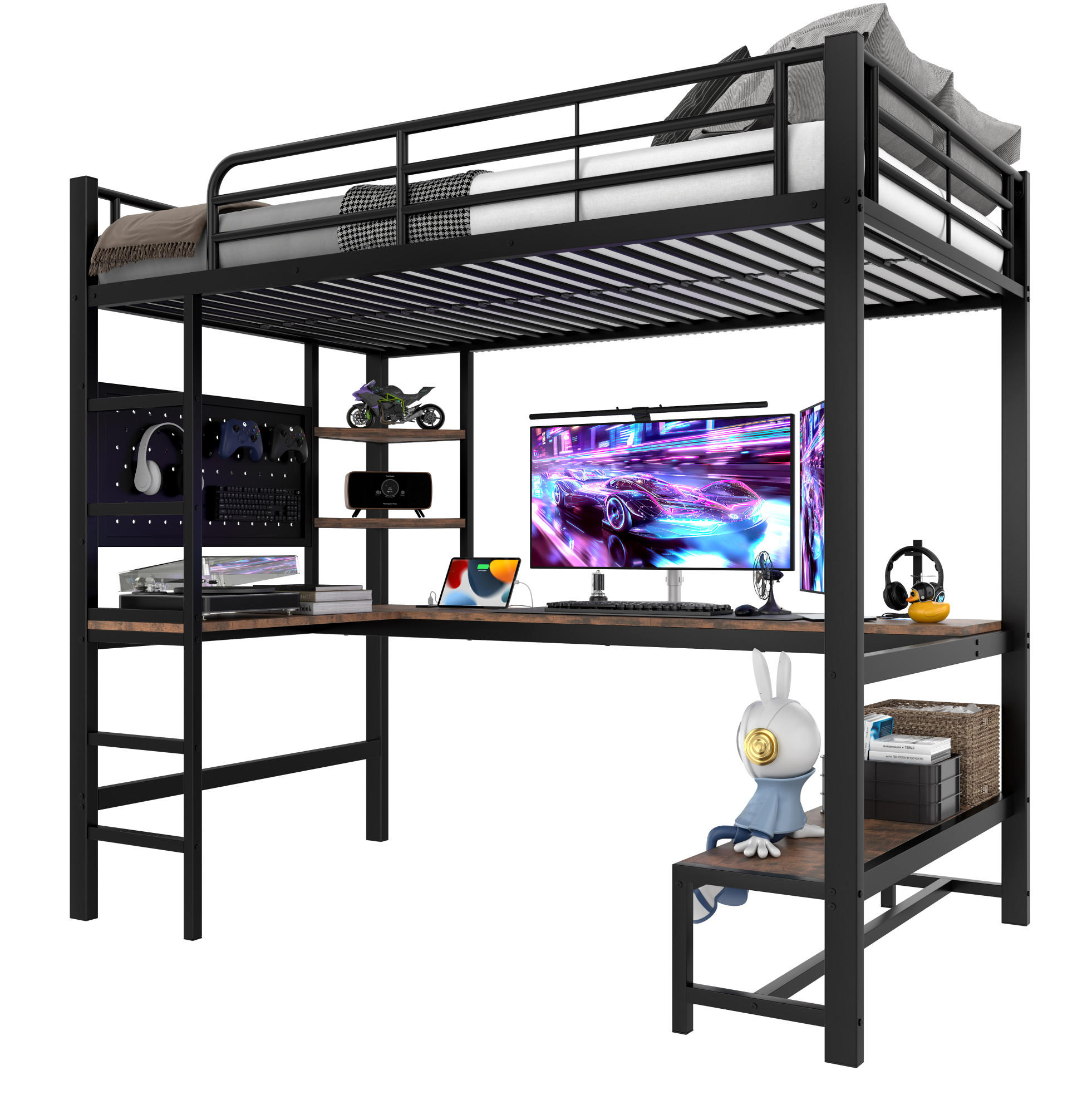 HOCHBETT 90/200 cm aus Metall mit Schreibtisch, LED-Leiste, USB-C, Schwarz - Schwarz, Metall (90/200cm) - OKMYHOME