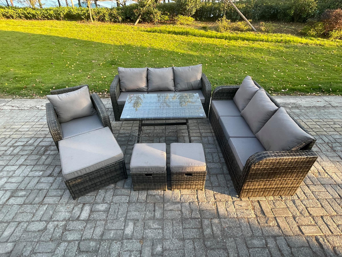 GARTENSET Hohe Rückenlehne Polyrattan 10-Sitzer - Dunkelgrau/Grau, Glas/Kunststoff - Fimous