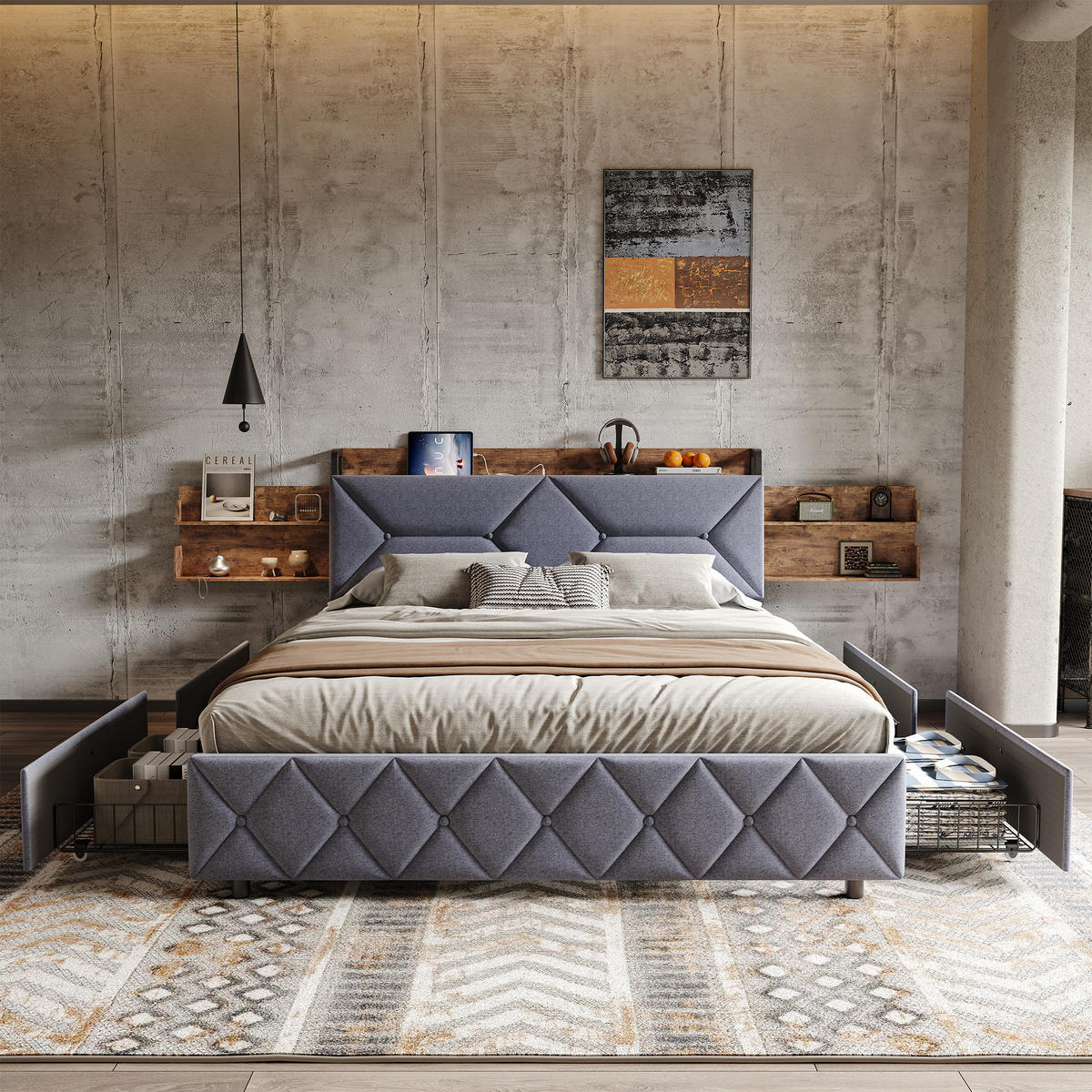 POLSTERBETT 140x200cm Grau Mit 4 Schubladen, USB & Type-C Anschlüsse - Grau, Holz (140/200cm)