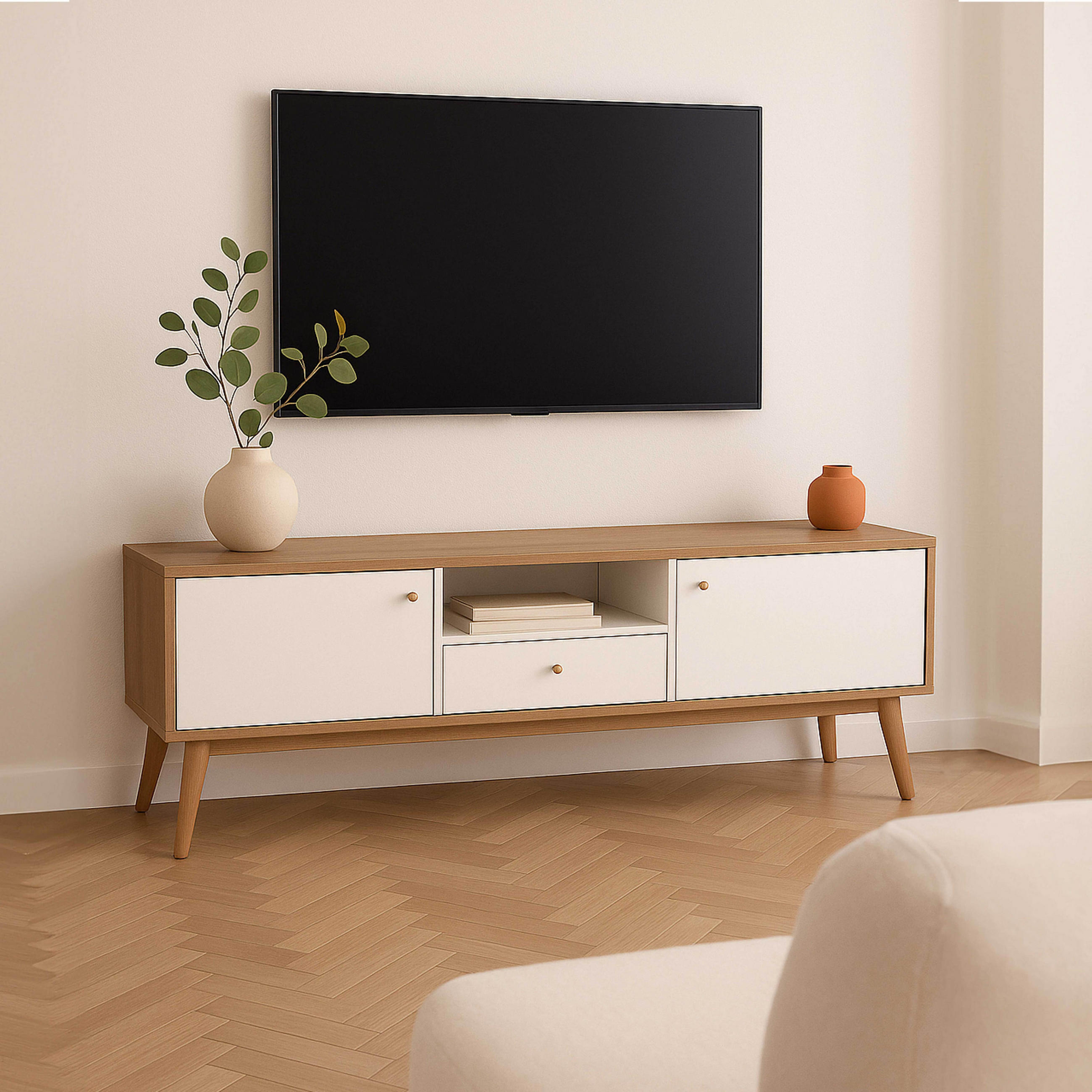 TV-SCHRANK 150 cm, Holz und Weiß - Weiß, Holz (40/55/150cm) - Oviala