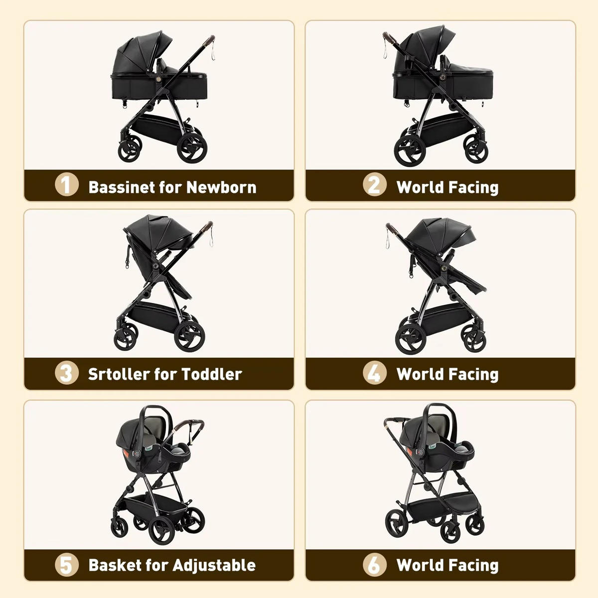 KINDERWAGENSET 3-in-1 Tragbarer mit Babytrage PU, 880B Schwarz - Schwarz, Metall (80/60cm) - Kaket