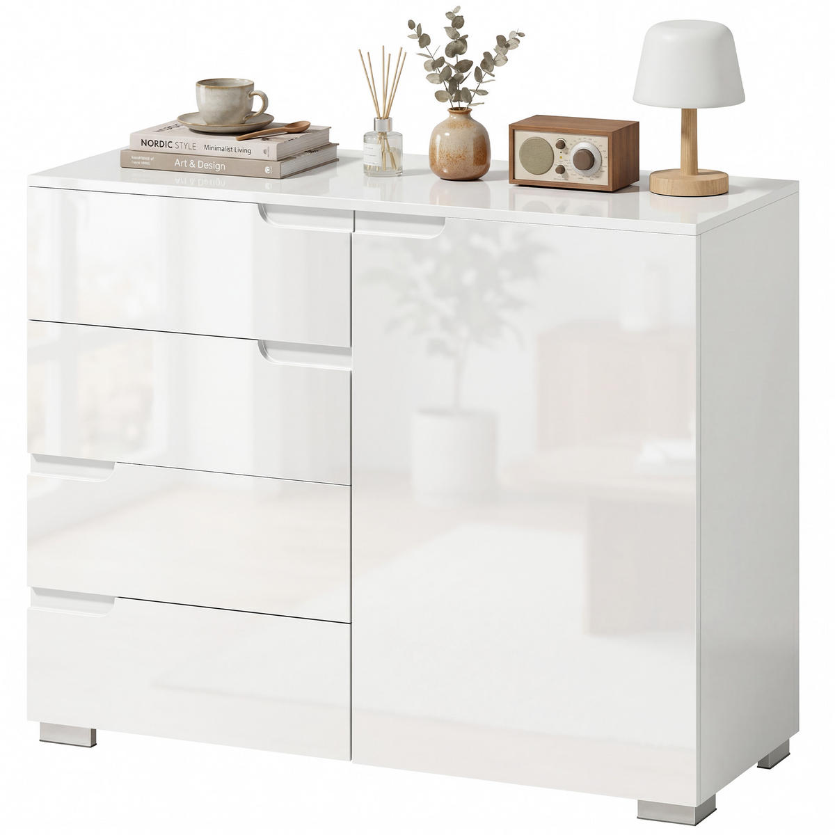 SIDEBOARD Weiß Hochglanz, 4 Schubladen, 1 Tür, 100/40/80 cm - Weiß Hochglanz, Holz (100/80/40cm) - PANGIVO