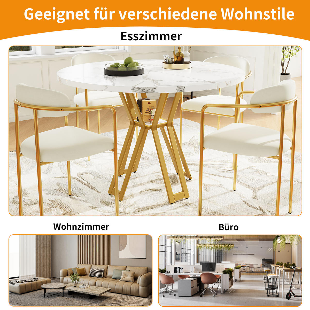 ESSTISCH Rund Weiß Marmoroptik mit Goldbeinen - Weiß, Holzwerkstoff/Metall (100/100/76cm) - Urban Meuble