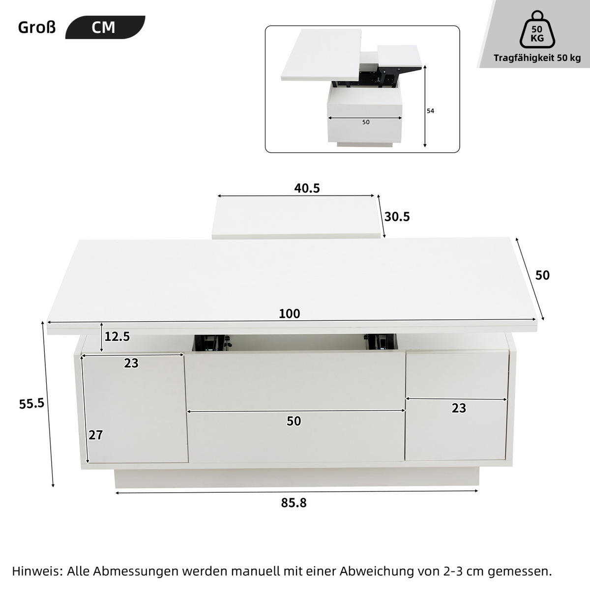 COUCHTISCH 100/50/43 cm mit Doppel-Hebemechanismus, verstecktem Stauraum und 2 Türen, Spanplatte, Weiß - Weiß, Holzwerkstoff (100/50/43cm) - Redom