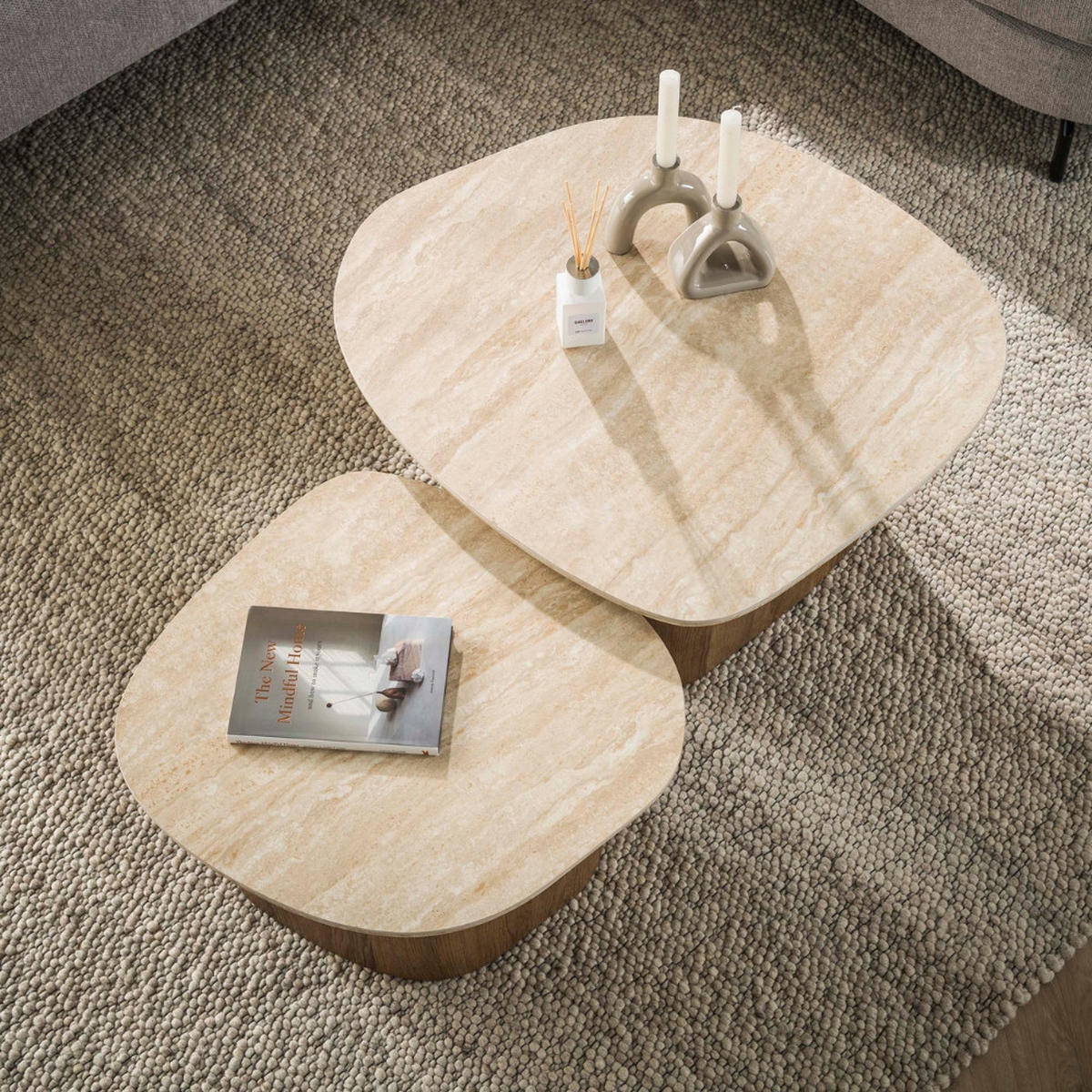 COUCHTISCH-SET ROMANO CIOTTOLO Organische Kiesel-Satztische in Travertin-Optik - Beige/Braun, Keramik (79/85/40cm) - alesvelt