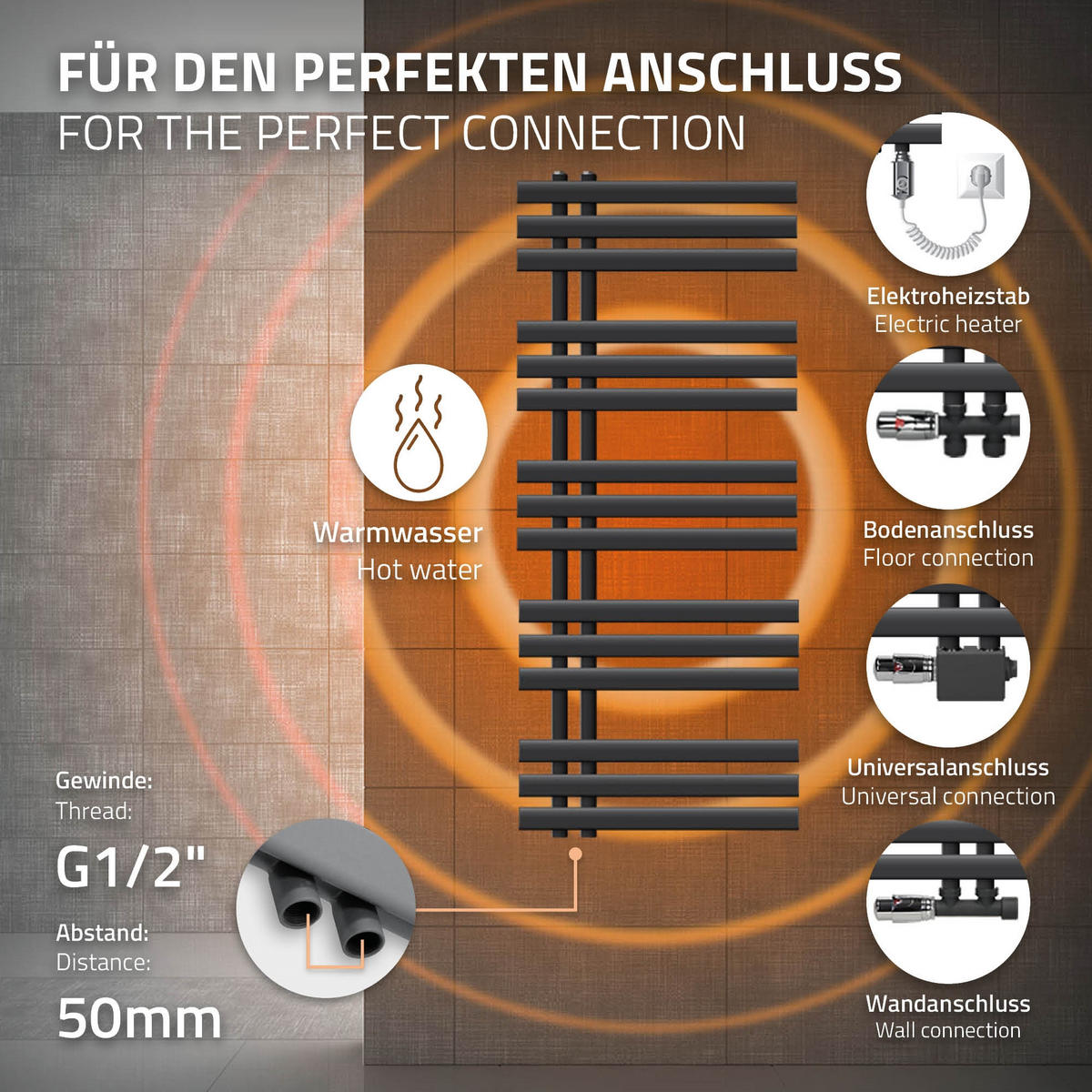 BADHEIZKÖRPER elektrisch Iron EM 500x1200 mm Anthrazit mit Heizstab 1200W - Anthrazit, Metall (50/120/3cm) - LuxeBath
