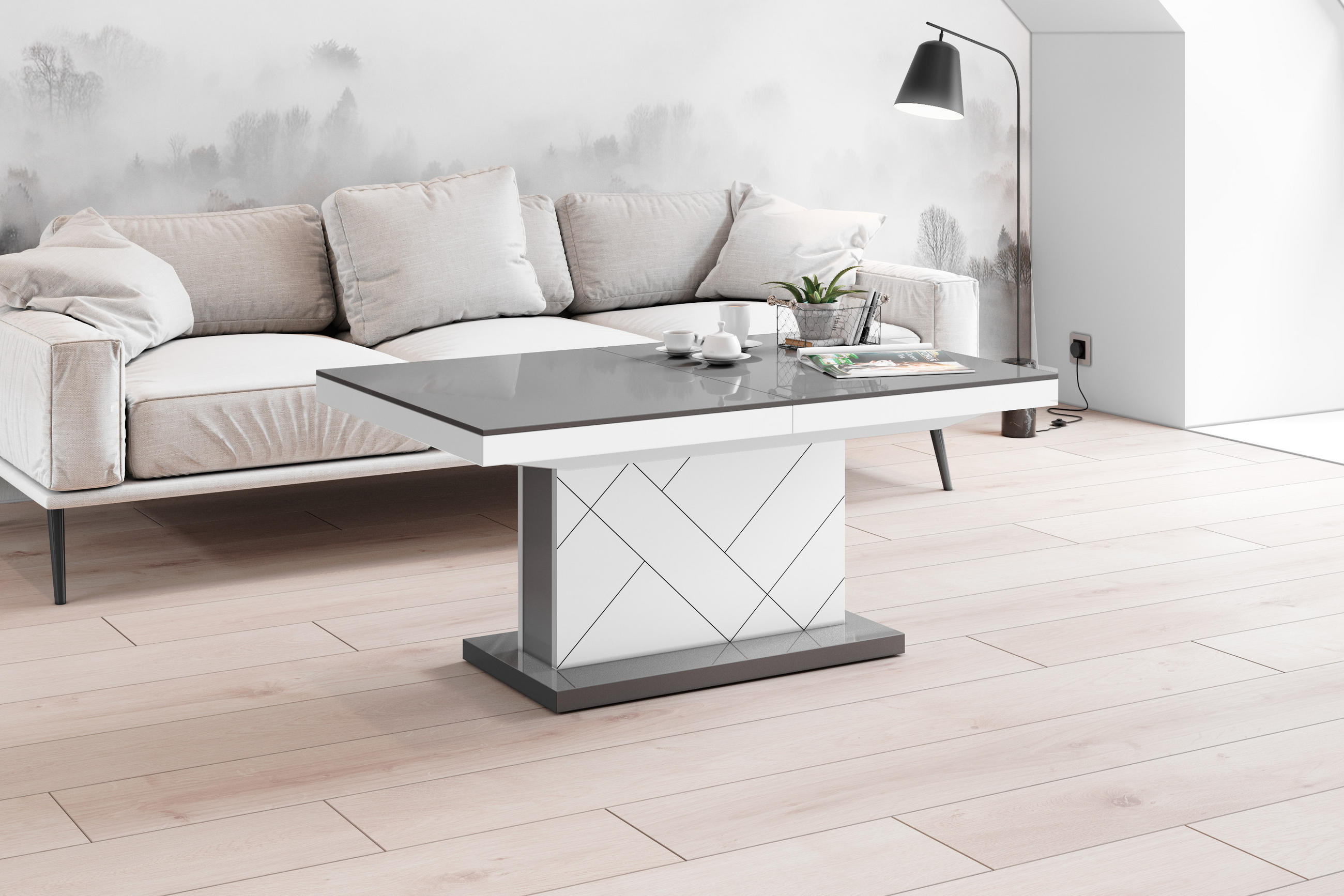 COUCHTISCH rechteckig Grau Hochglanz - Weiß Hochglanz 120/75/55 cm - Weiß Hochglanz/Grau, Holzwerkstoff (75/120/55cm) - designimpex