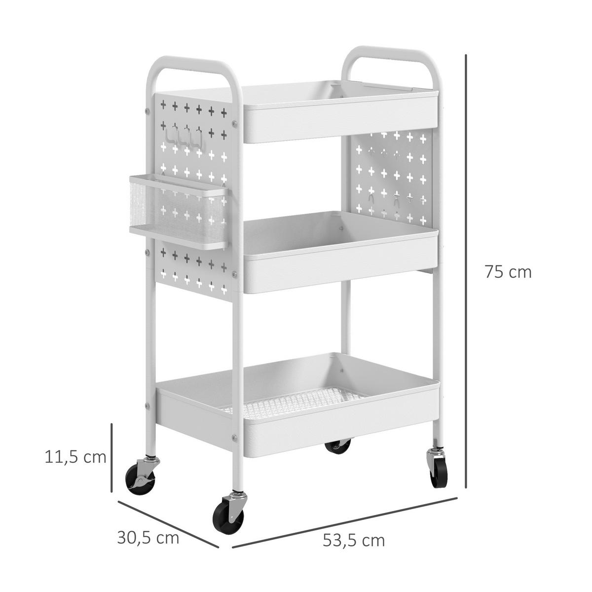 ROLLWAGEN, Servierwagen Aufbewahrungswagen mit 3 Etagen für Küche, Weiß - Weiß, Metall (30.5/75/53.5cm) - HOMCOM
