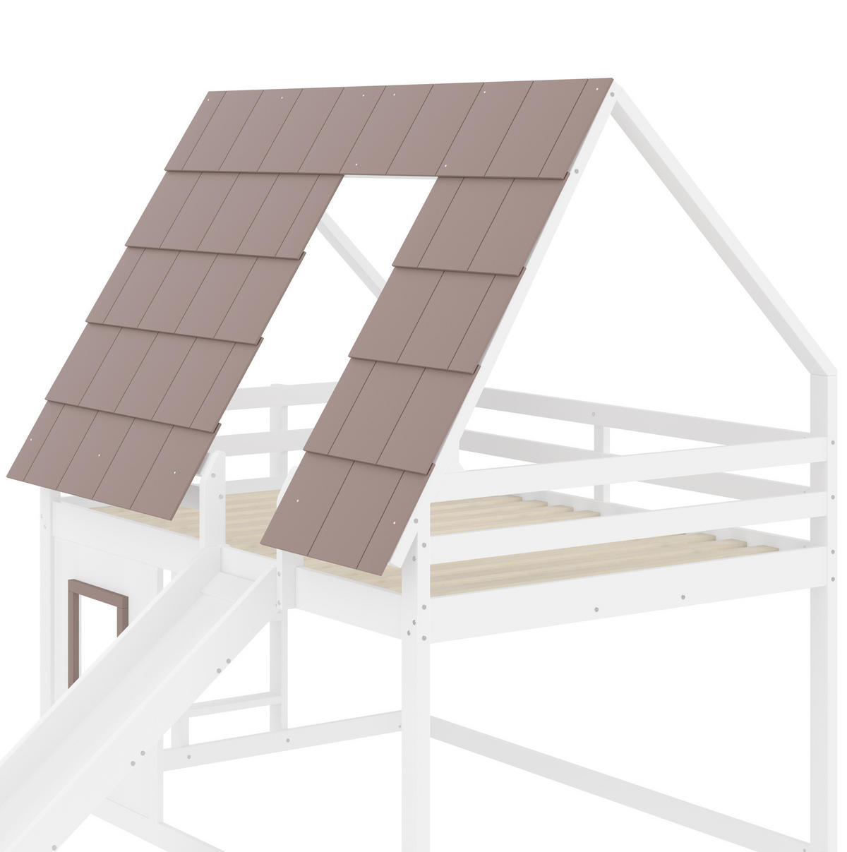 KATNI krevet od borovine i MDF-a 140x200 cm bijelo-smeđi s krovom, ljestvama i toboganom - smeđa, drvni materijal (140/200cm) - Modfu