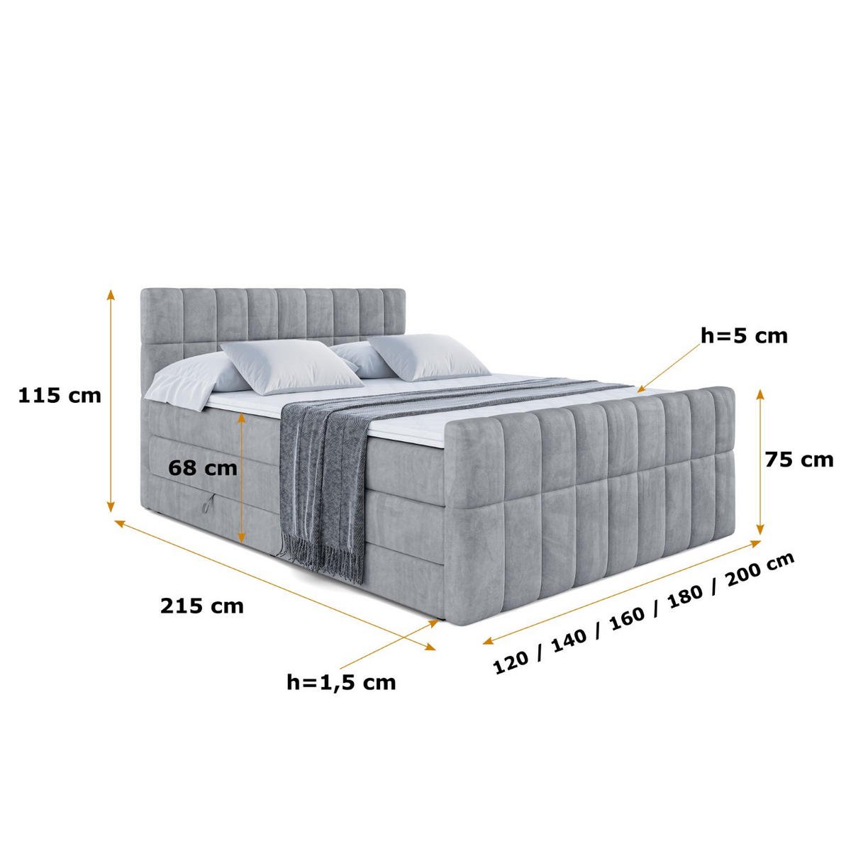 BOXSPRINGBETT MIAMI-Z KING - 120x200 - H3/H4 - Grau - Grau, Holzwerkstoff (120/200cm) - ALTDECOR