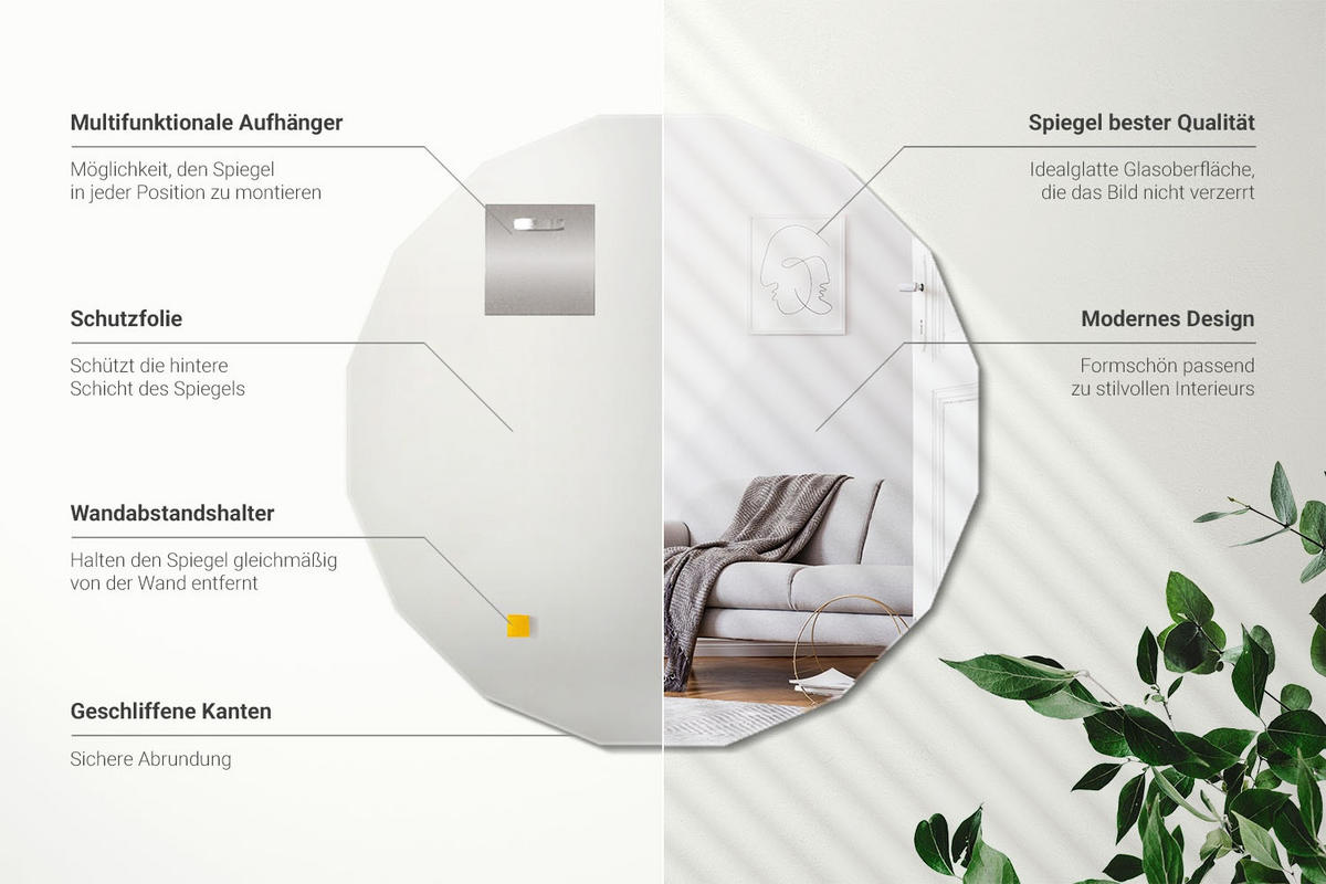 SPIEGEL 80x80 cm asymmetrisch - Transparent, Glas (80/80/0.4cm) - Wallfluent