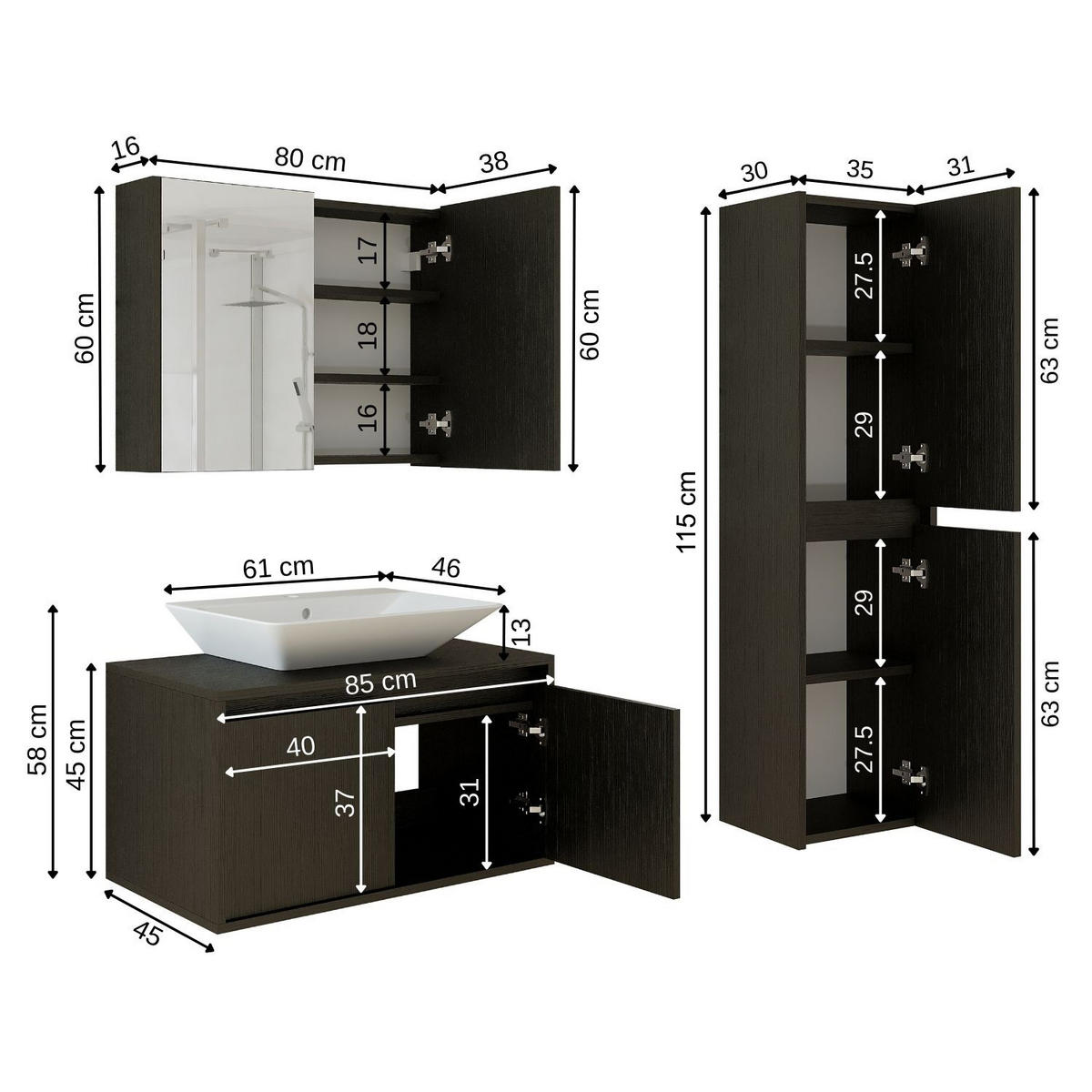 BADMÖBEL Set ATLANTIC-85 4-teilig - Schwarz, Holzwerkstoff (85/150/45cm) - Roomart